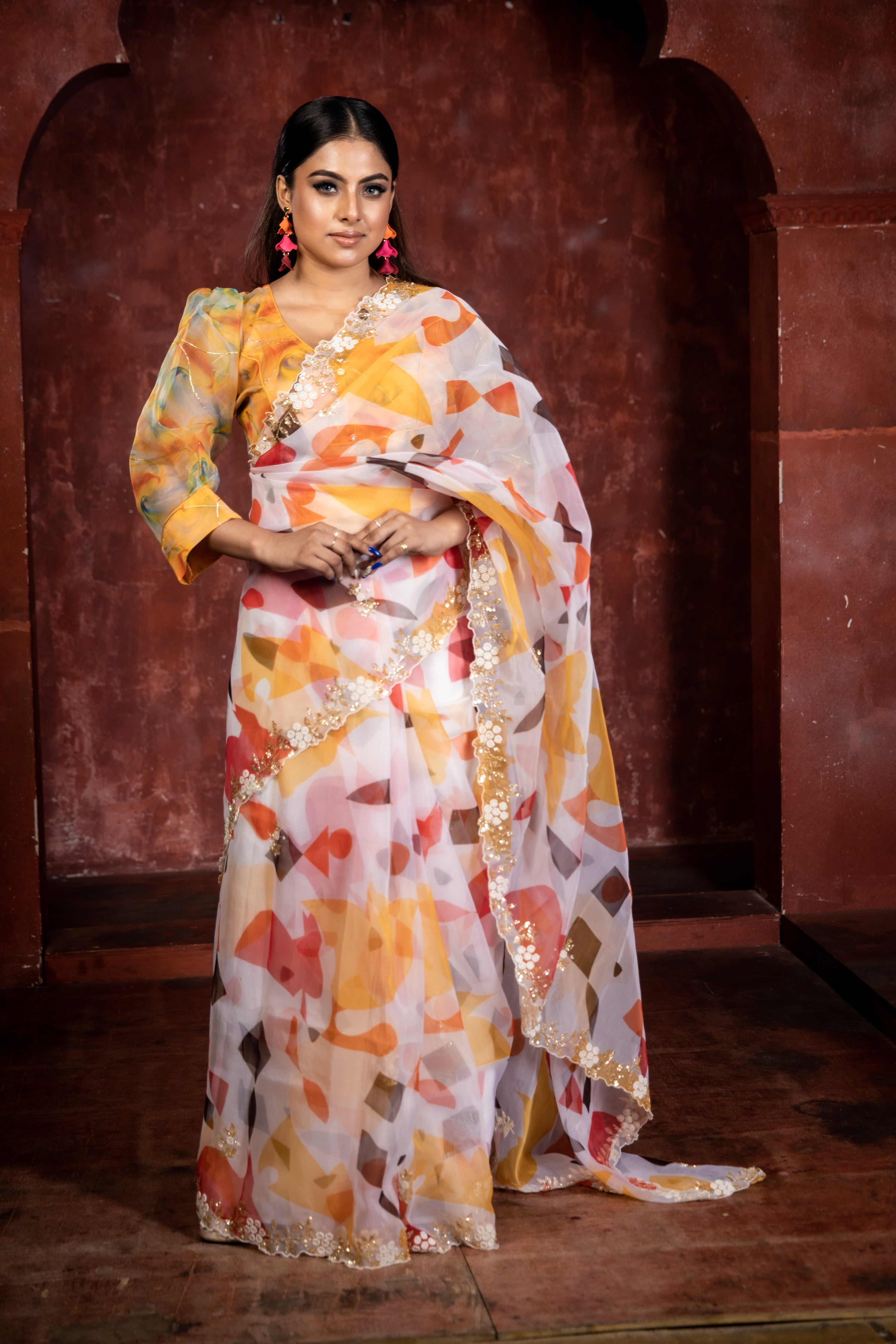 Rangmanch || Milky White Pure Organza Fancy Saree with all over Multi-colour Abstract Digital Print and Antique Gold Sequins, Moti & Cut-dana Handwork Floral Buta & Border
