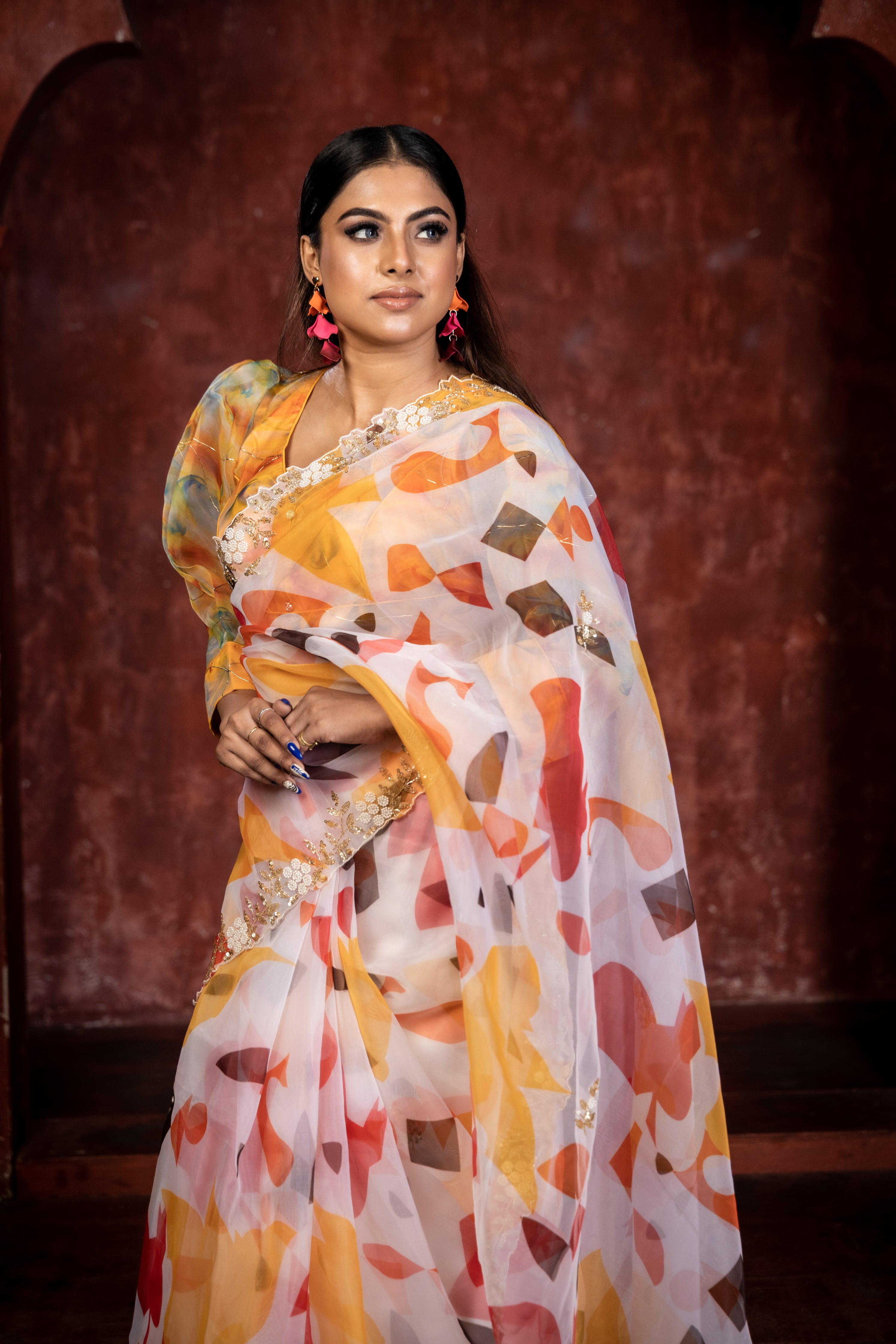 Rangmanch || Milky White Pure Organza Fancy Saree with all over Multi-colour Abstract Digital Print and Antique Gold Sequins, Moti & Cut-dana Handwork Floral Buta & Border