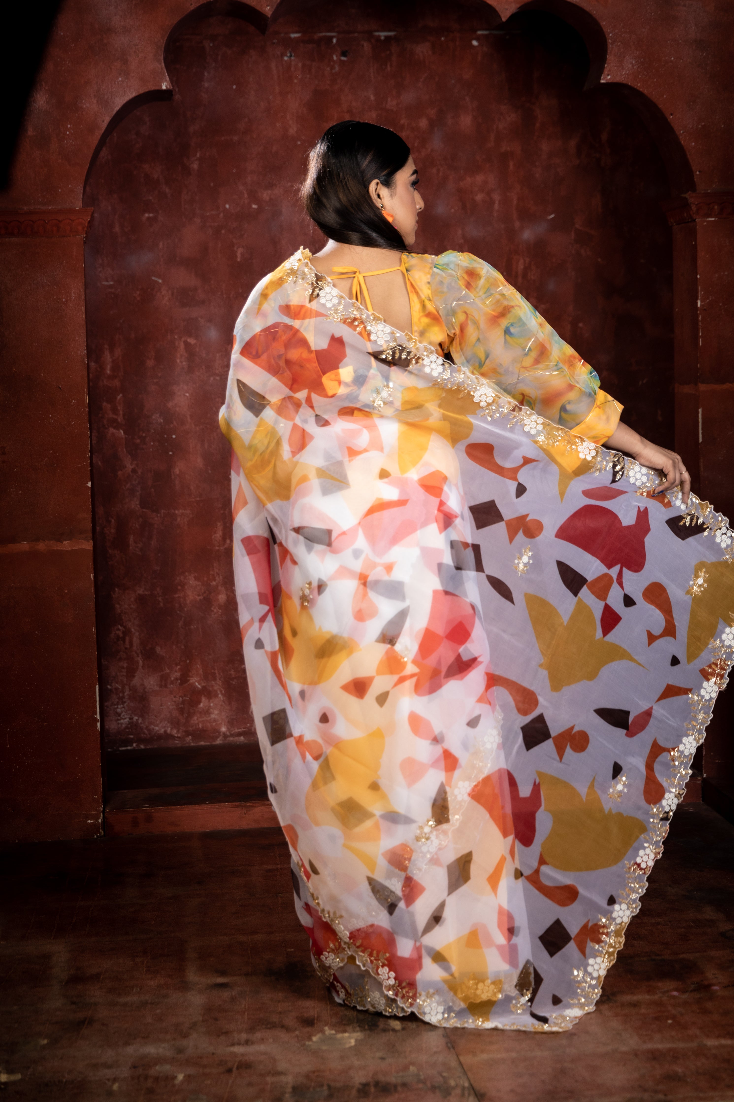 Rangmanch || Milky White Pure Organza Fancy Saree with all over Multi-colour Abstract Digital Print and Antique Gold Sequins, Moti & Cut-dana Handwork Floral Buta & Border