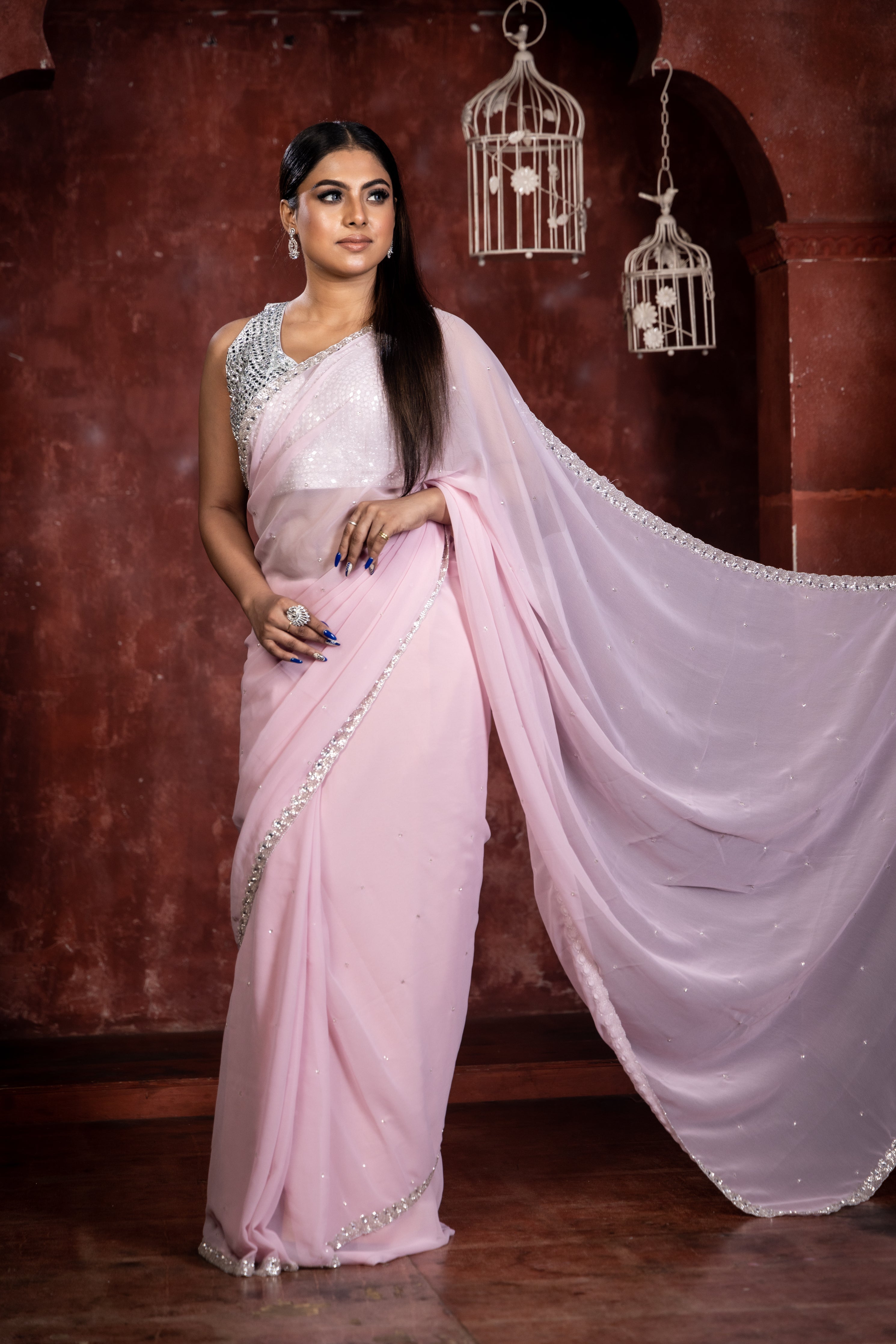 Peony || Pastel Pink Georgette Fancy Saree with all over Silver Cut-dana Handwork Buti and Stone & Silver Cut-dana Border