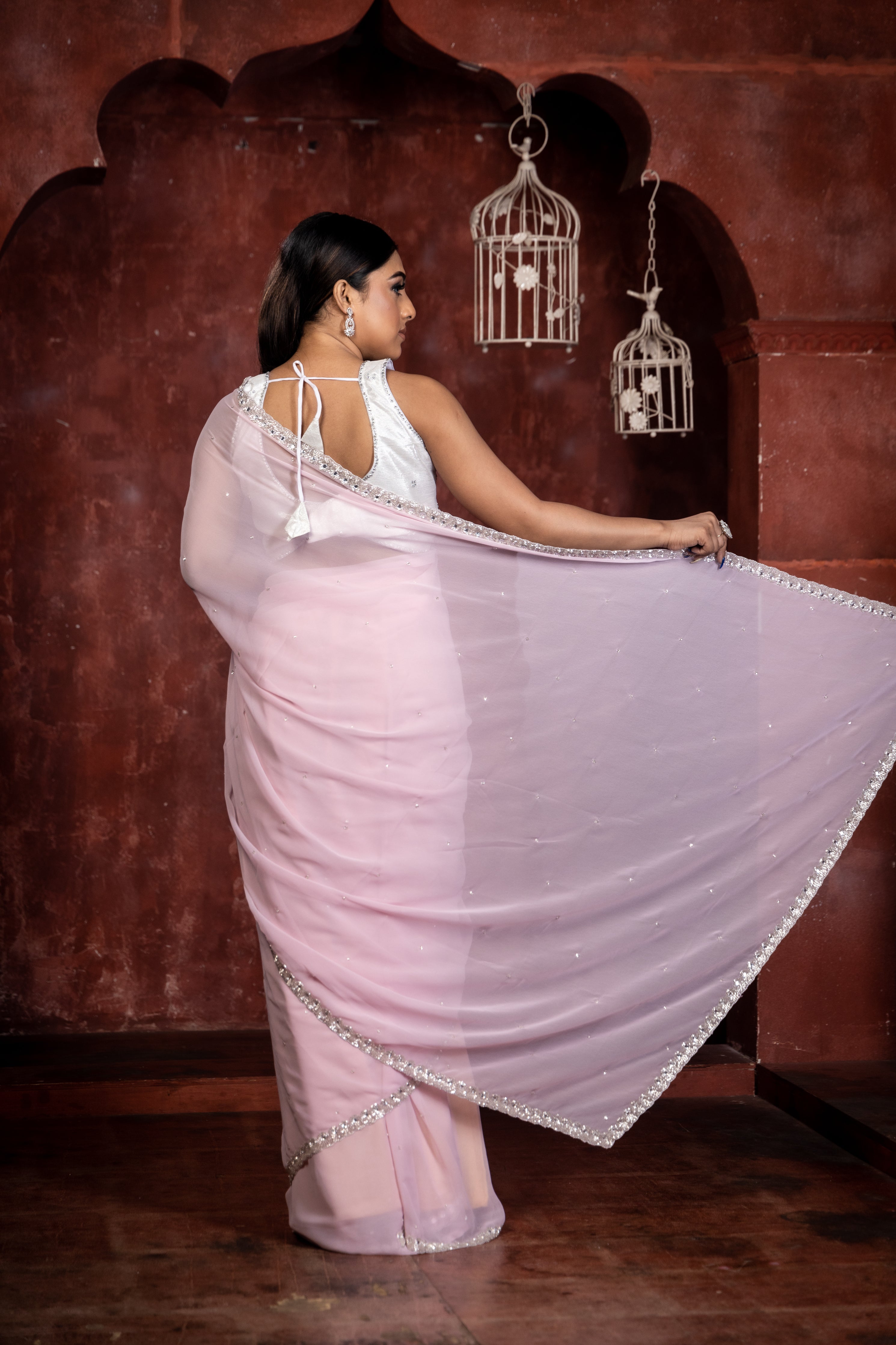 Peony || Pastel Pink Georgette Fancy Saree with all over Silver Cut-dana Handwork Buti and Stone & Silver Cut-dana Border