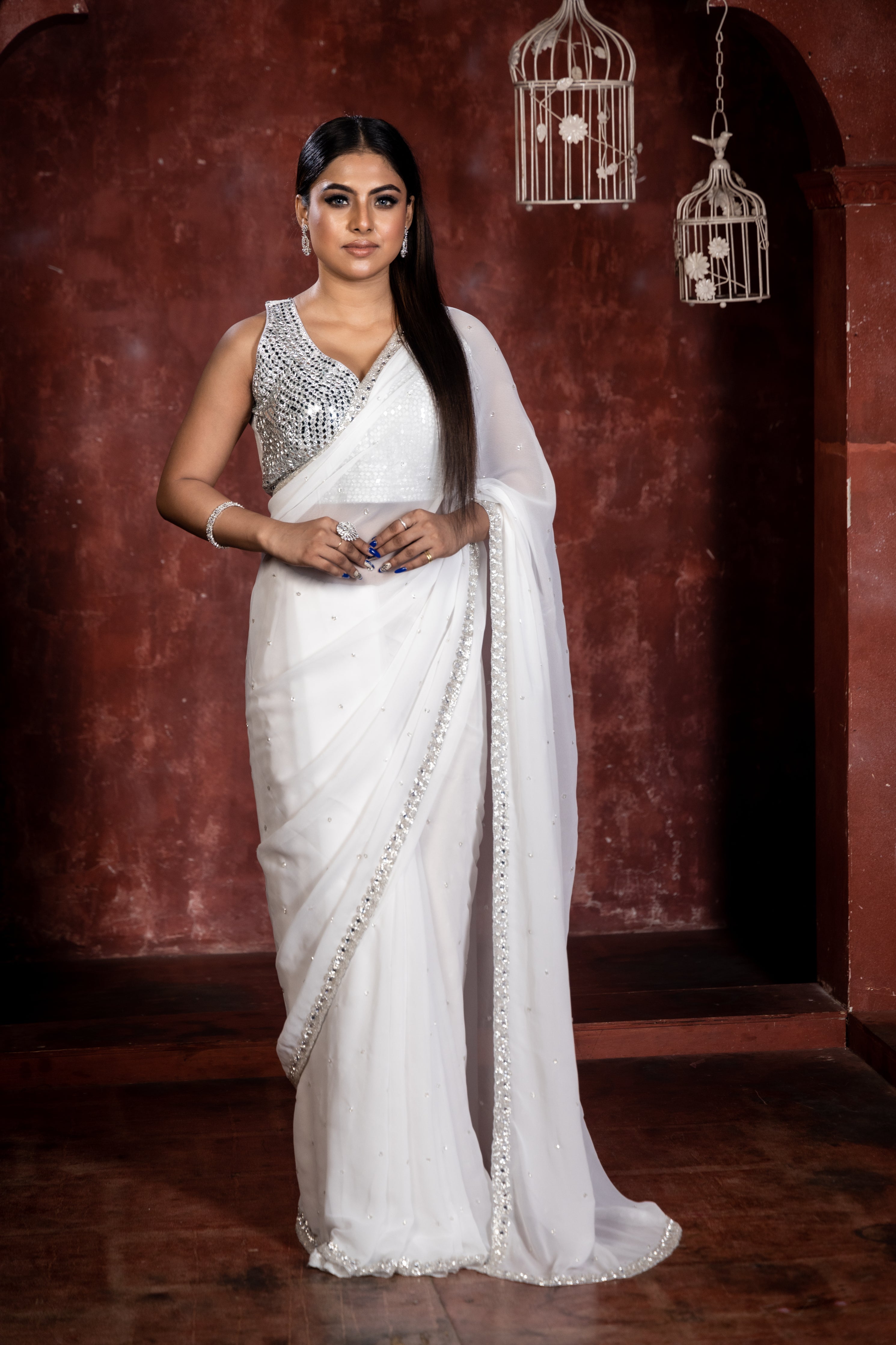 Bianca || Milky White Georgette Fancy Saree with all over Silver Cut-dana Handwork Buti and Stone & Silver Cut-dana Border