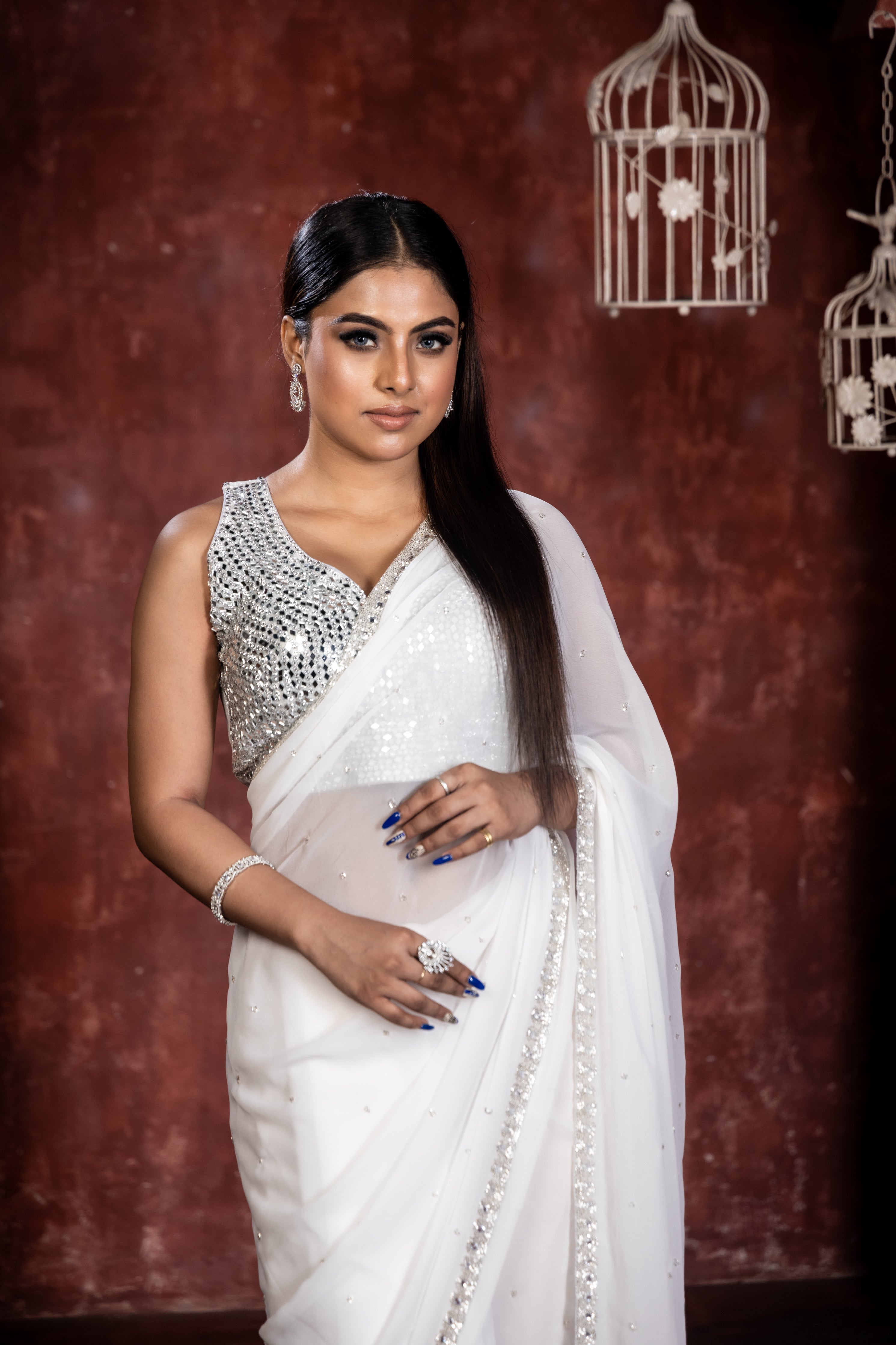 Bianca || Milky White Georgette Fancy Saree with all over Silver Cut-dana Handwork Buti and Stone & Silver Cut-dana Border