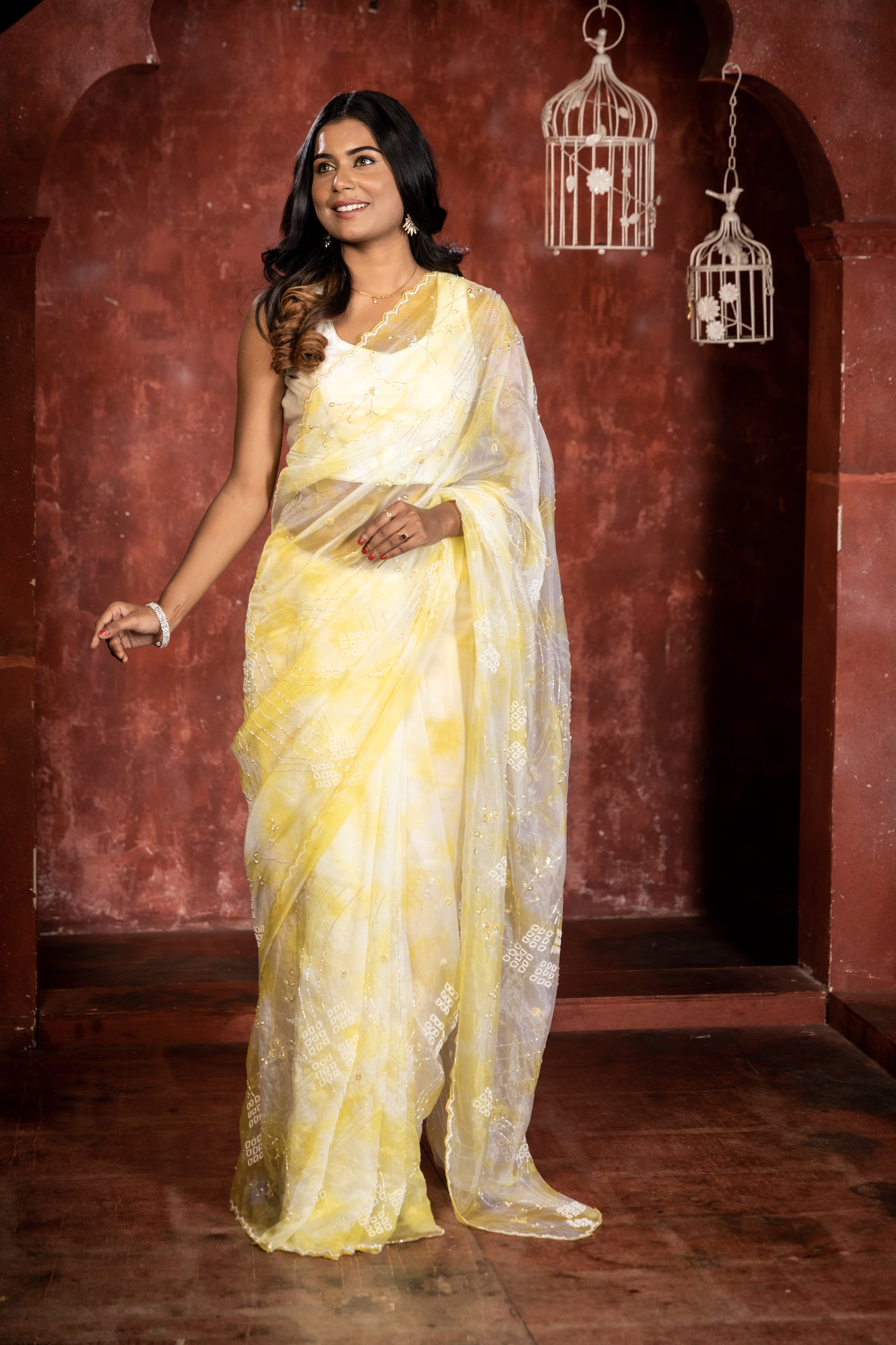 Daffodil || White & Lemon Yellow Shimmer Organza Fancy Saree with all over Sequins, Stone, Silver Cut-dana & Moti Handwork Floral Jaal and Border