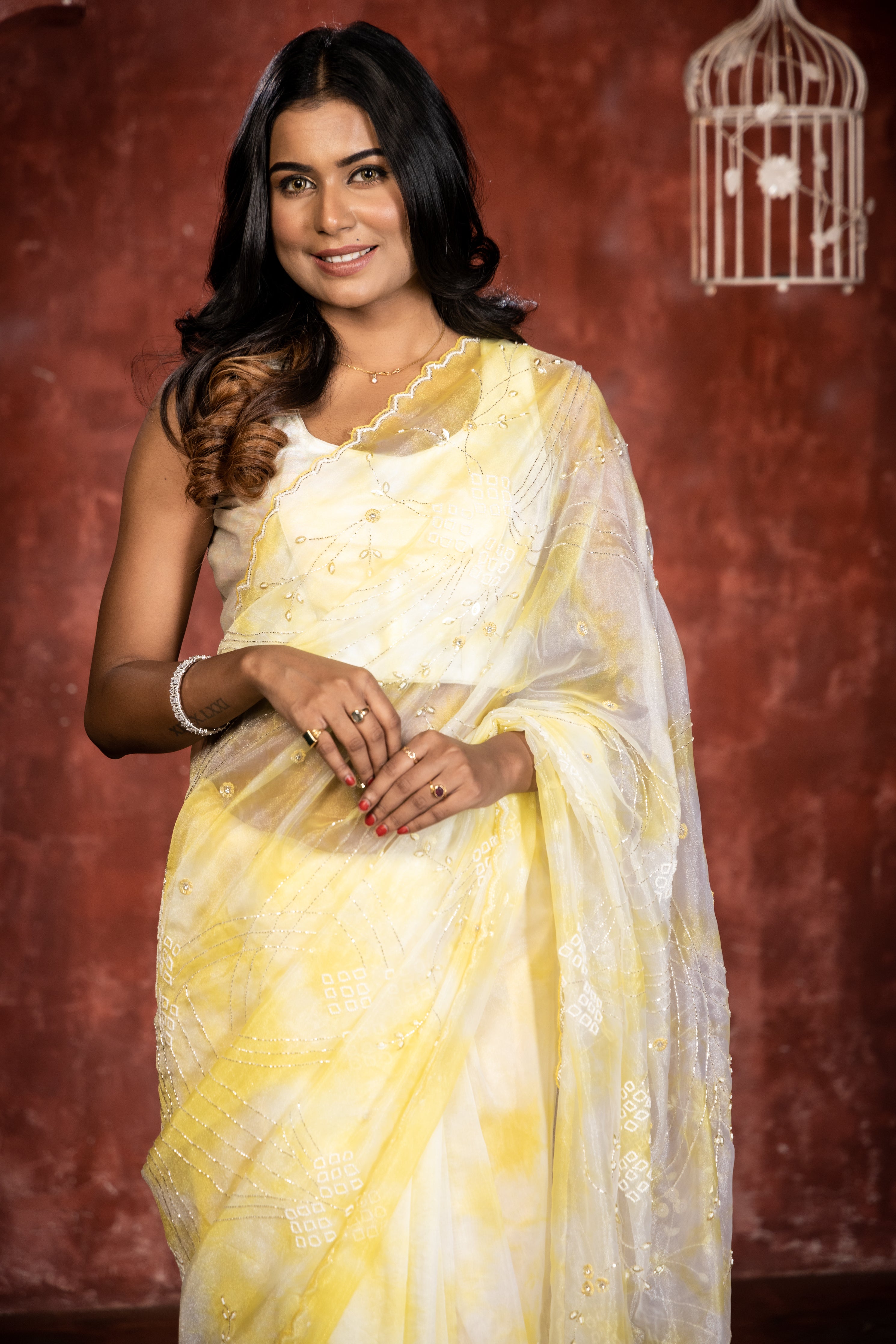 Daffodil || White & Lemon Yellow Shimmer Organza Fancy Saree with all over Sequins, Stone, Silver Cut-dana & Moti Handwork Floral Jaal and Border