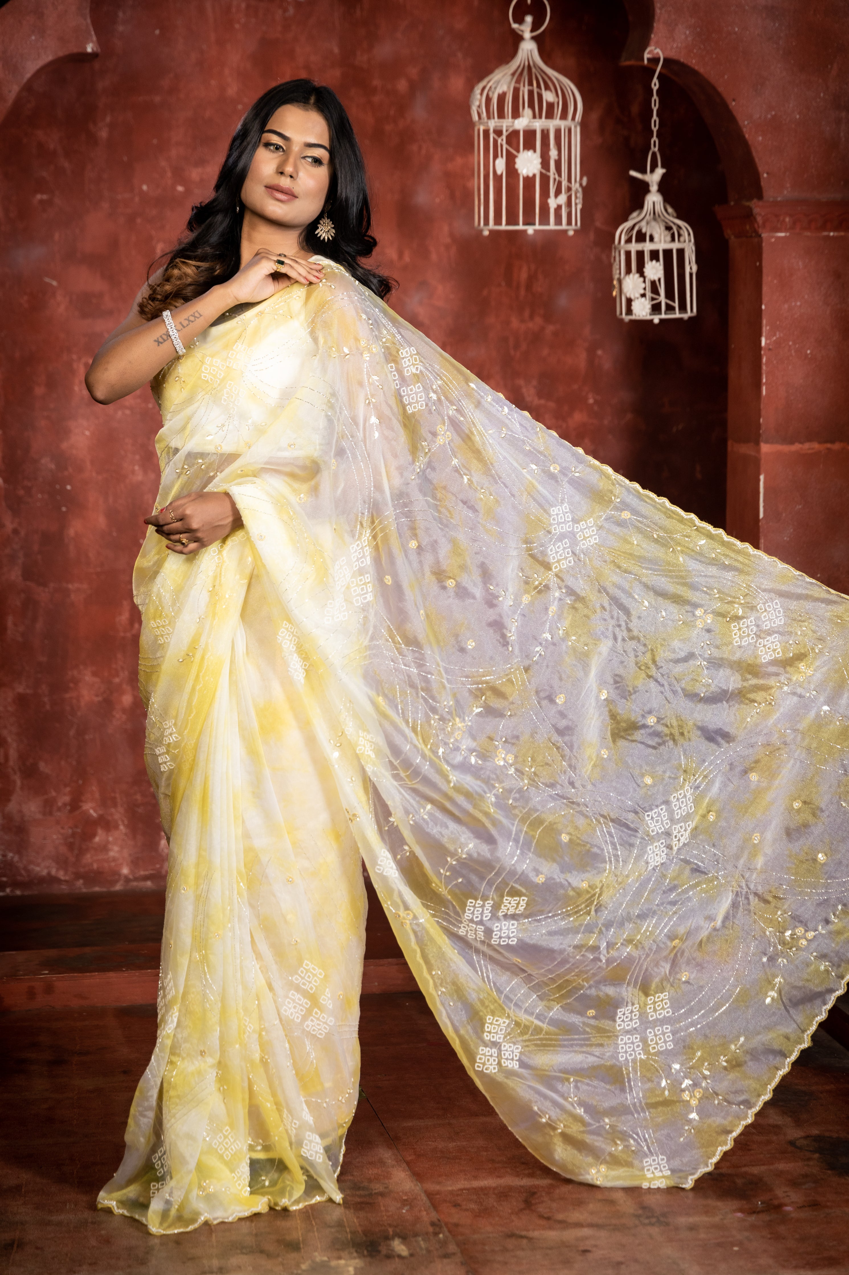 Daffodil || White & Lemon Yellow Shimmer Organza Fancy Saree with all over Sequins, Stone, Silver Cut-dana & Moti Handwork Floral Jaal and Border
