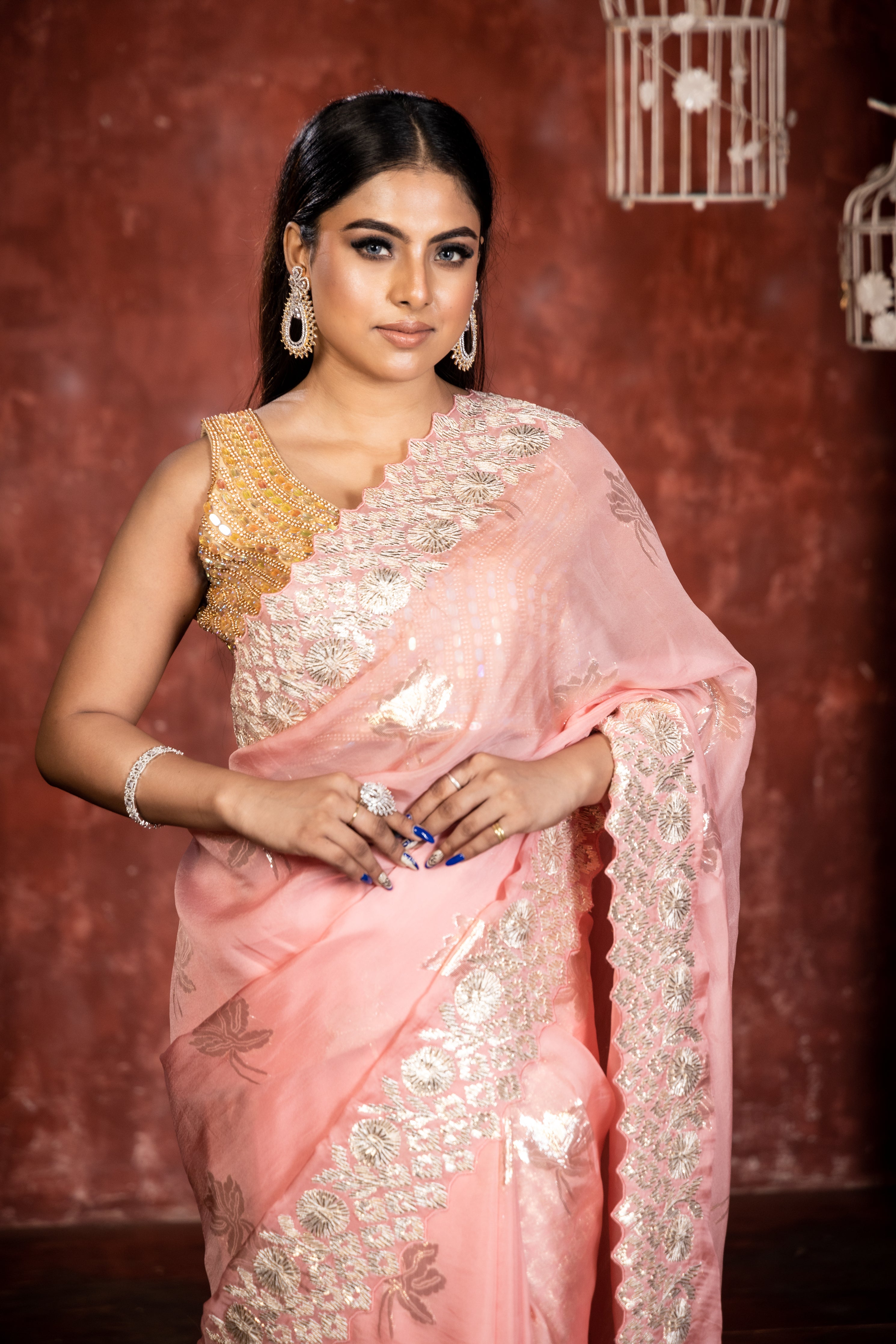 Blush || Rose Pink Soft Organza Fancy Saree with all over Silver & Antique Gold Zari Floral motif and Gota Patti Handwork Border