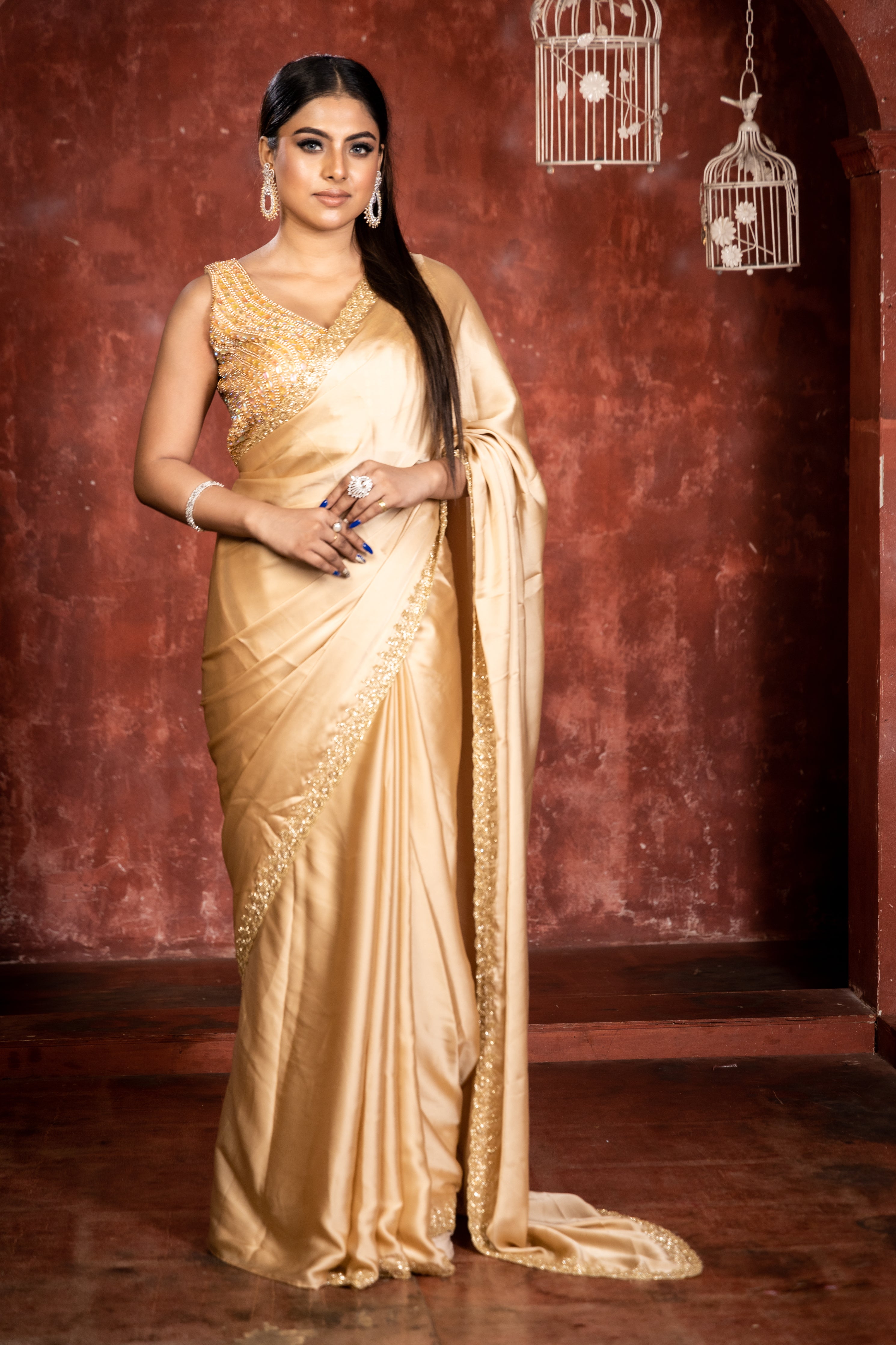 Gold Rush || Champagne Gold Satin Georgette Fancy Saree with all over Plain body and Cut-dana & Stone Handwork Floral Border