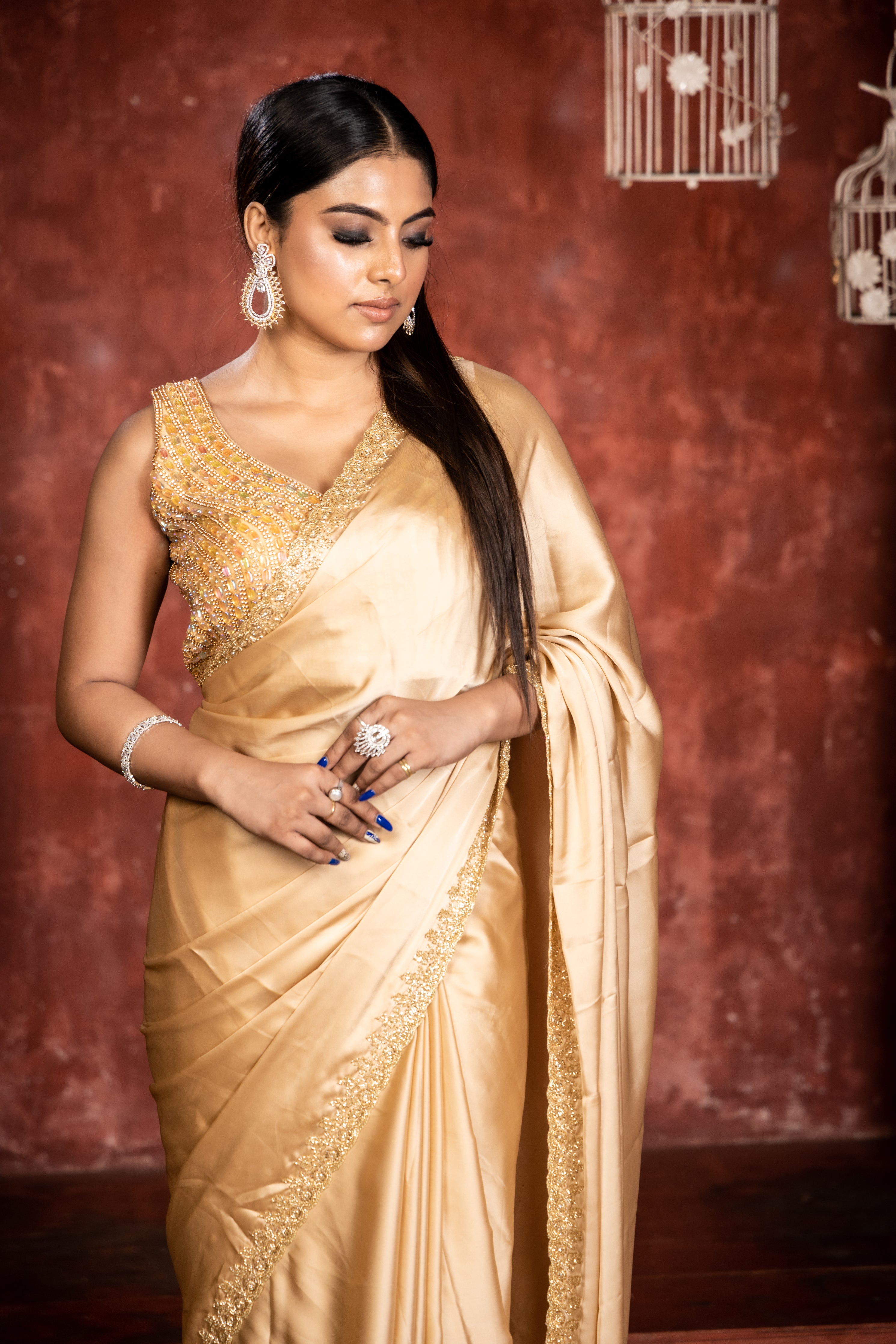 Gold Rush || Champagne Gold Satin Georgette Fancy Saree with all over Plain body and Cut-dana & Stone Handwork Floral Border