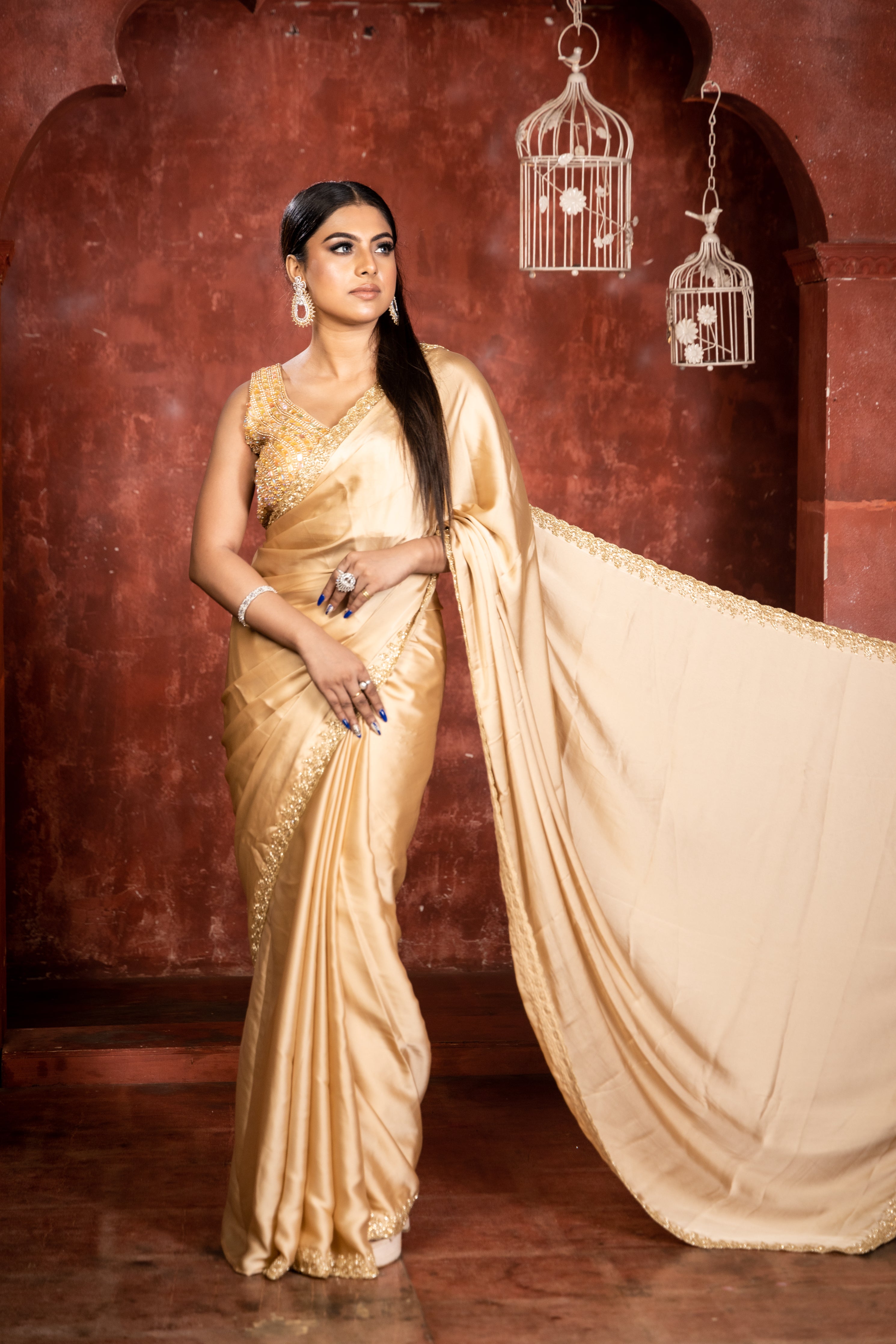 Gold Rush || Champagne Gold Satin Georgette Fancy Saree with all over Plain body and Cut-dana & Stone Handwork Floral Border