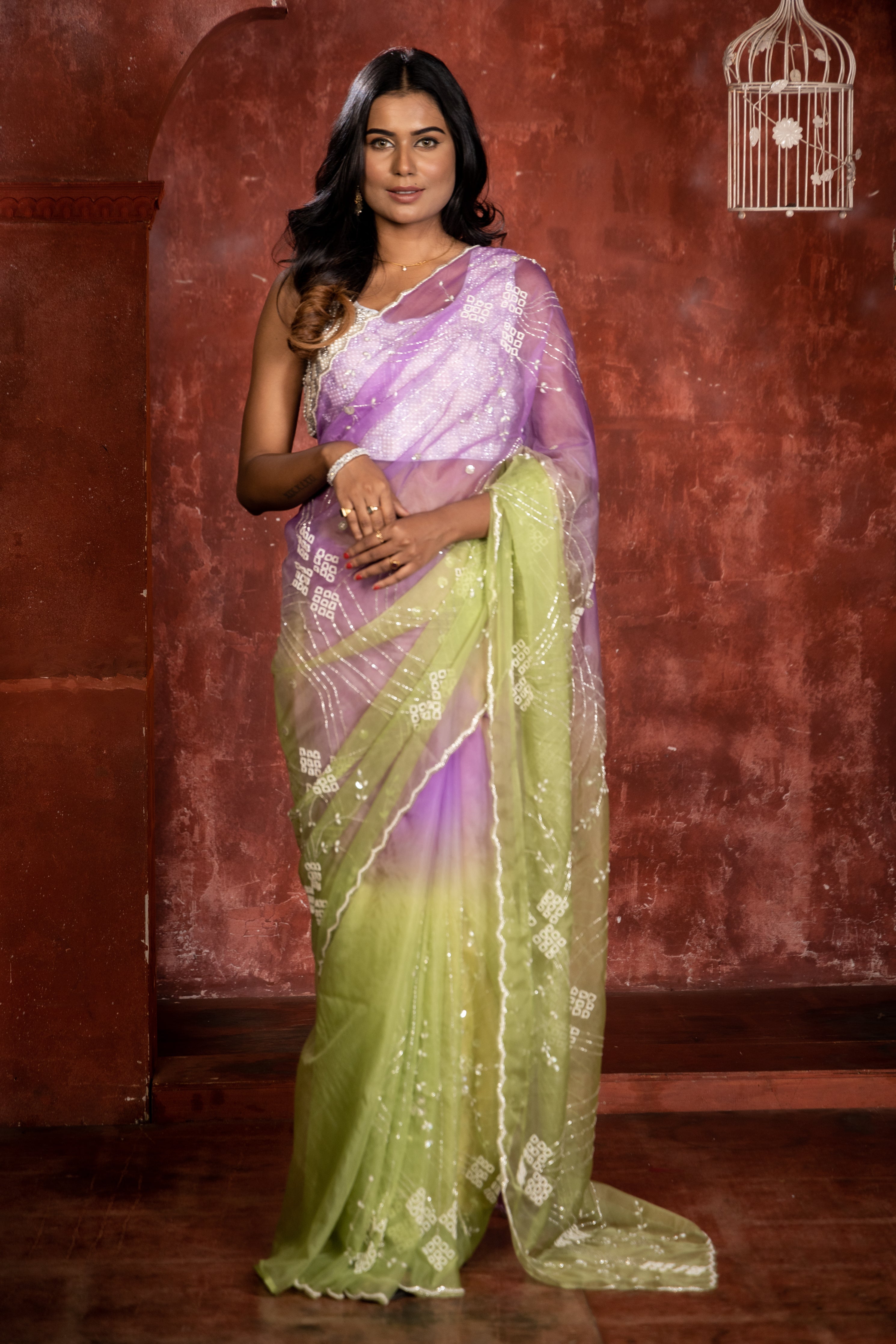 Lavender Love || Lavender & Parrot Green shaded 2D Multi-colour Soft Organza Fancy Saree with all over Silver Cut-dana, Sequins & White Moti Handwork Floral Jaal and Border