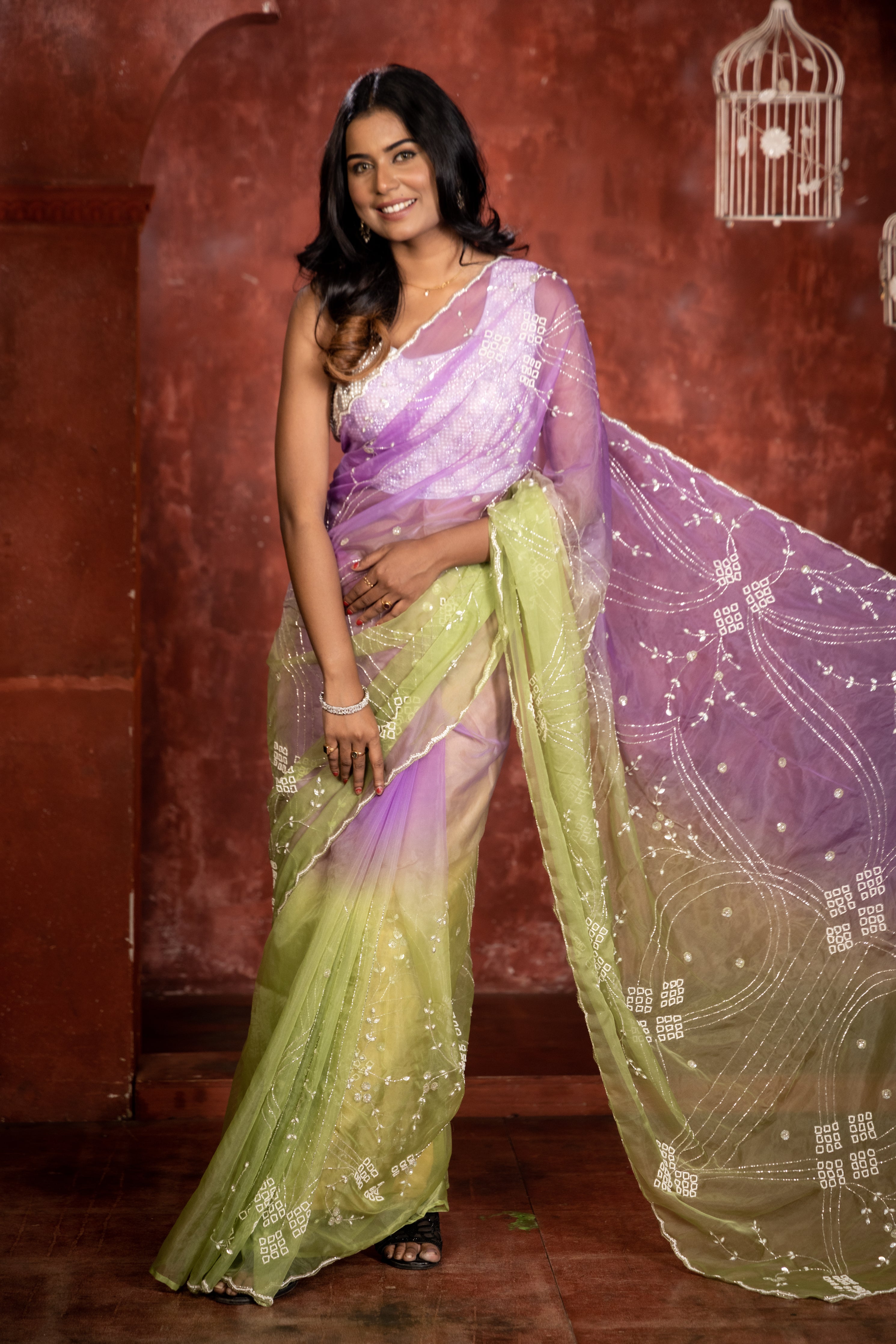 Lavender Love || Lavender & Parrot Green shaded 2D Multi-colour Soft Organza Fancy Saree with all over Silver Cut-dana, Sequins & White Moti Handwork Floral Jaal and Border