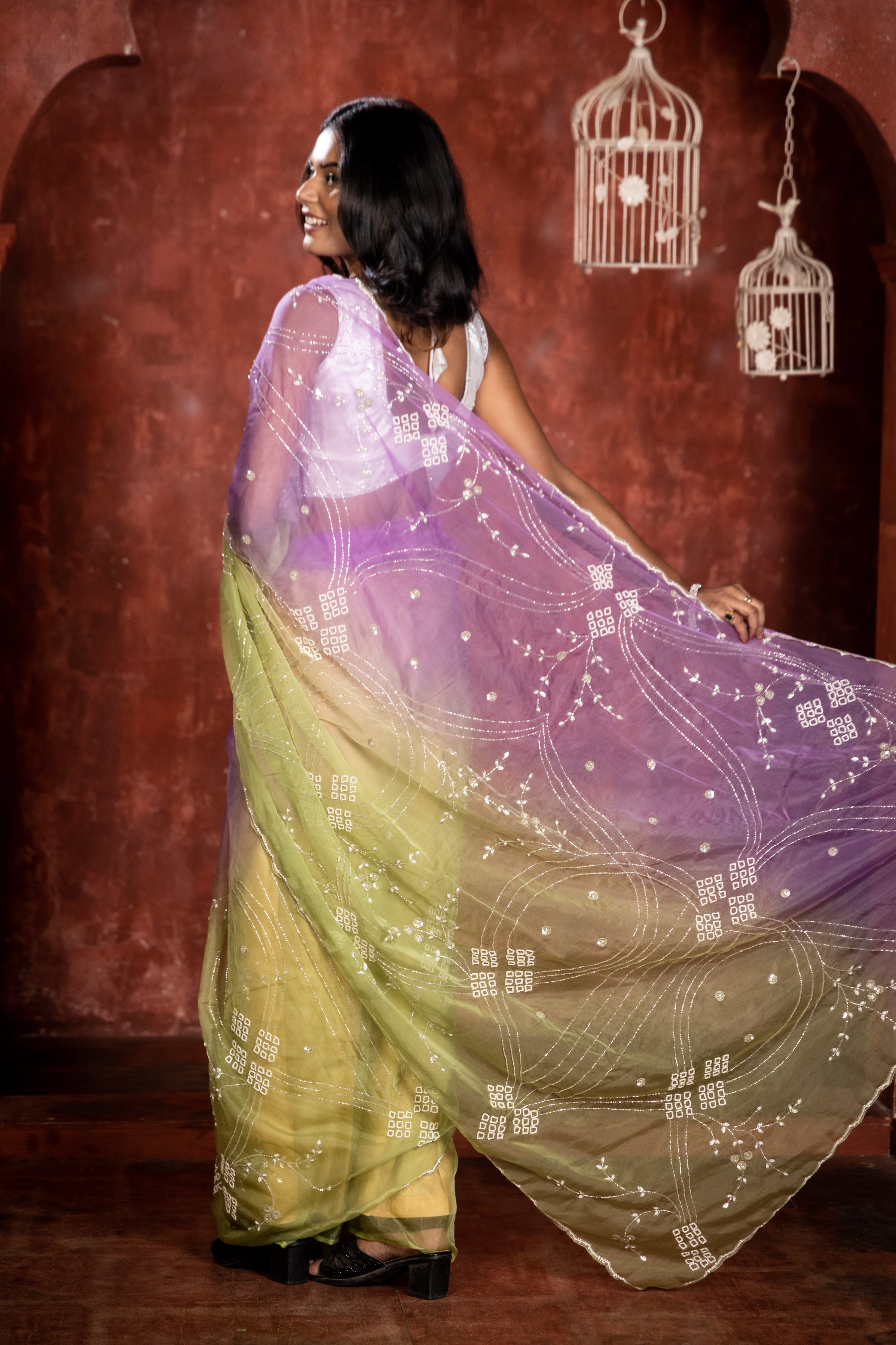 Lavender Love || Lavender & Parrot Green shaded 2D Multi-colour Soft Organza Fancy Saree with all over Silver Cut-dana, Sequins & White Moti Handwork Floral Jaal and Border