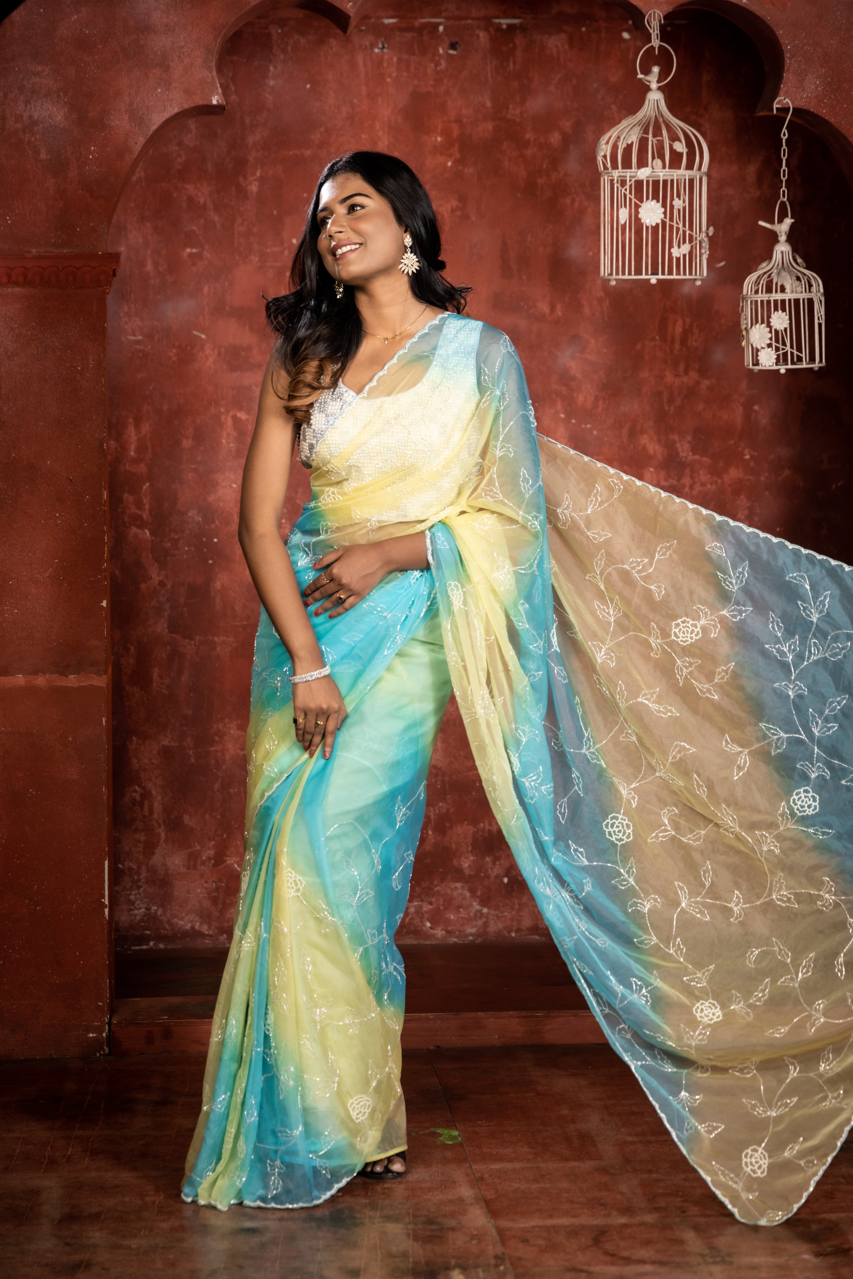 Kia || Sea Green, Sky Blue & Lemon Yellow shaded Multi-colour Soft Organza Fancy Saree with all over Silver Cut-dana & White Moti Handwork Floral Jaal and Border