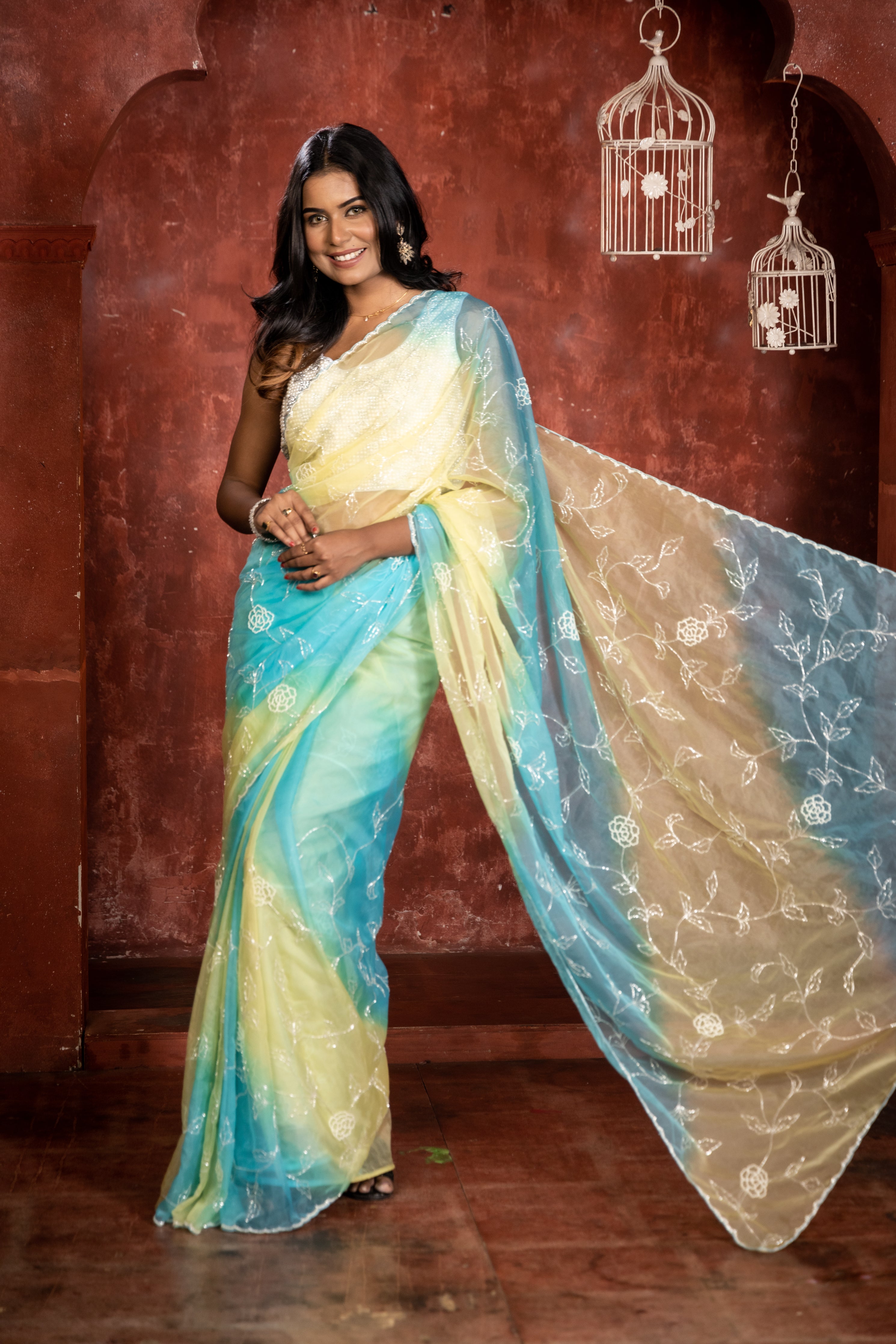 Kia || Sea Green, Sky Blue & Lemon Yellow shaded Multi-colour Soft Organza Fancy Saree with all over Silver Cut-dana & White Moti Handwork Floral Jaal and Border