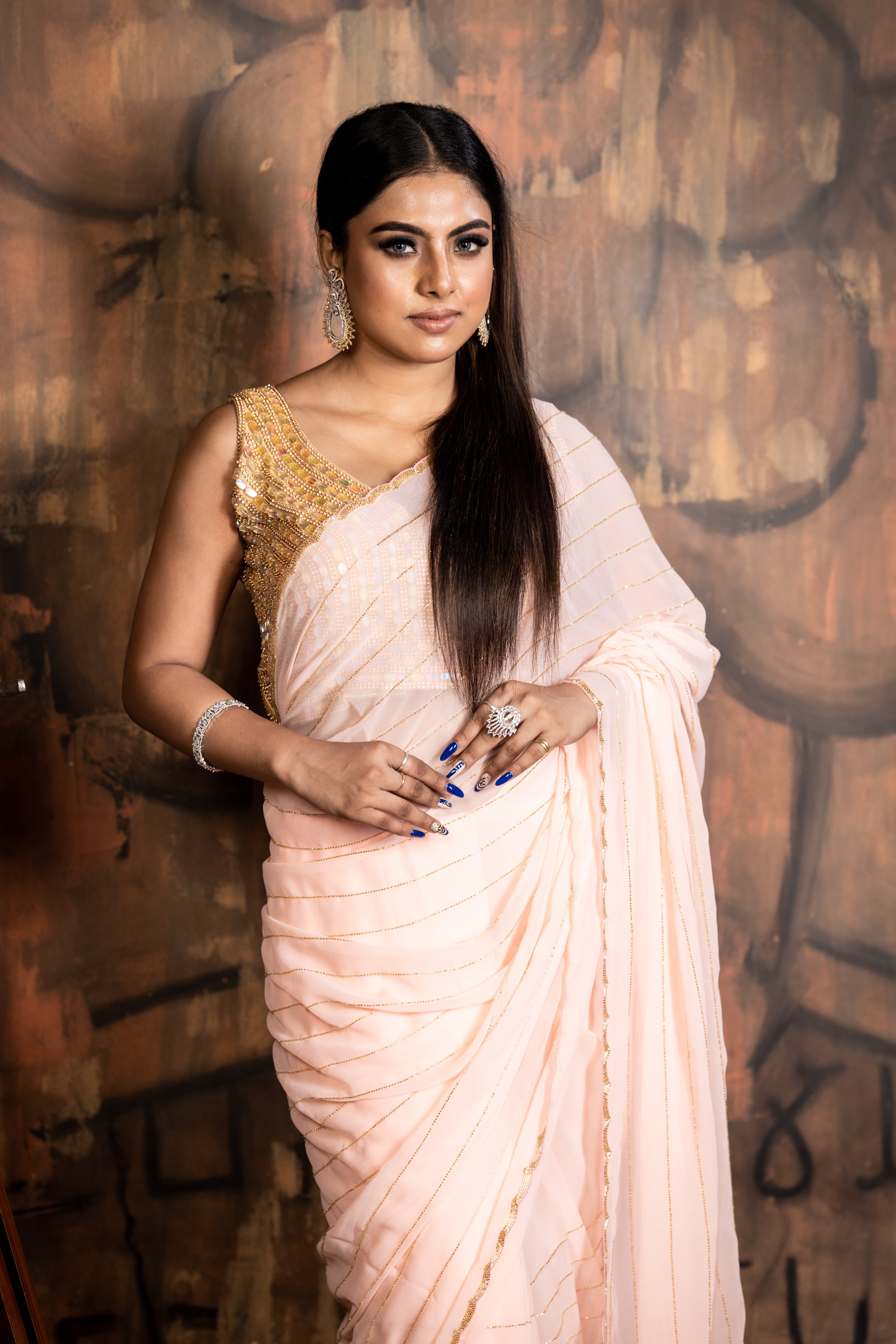 Peachy Vibes || Bright Peach Georgette Chiffon Fancy Saree with all over Golden Cut-dana Handwork Stripes and Border