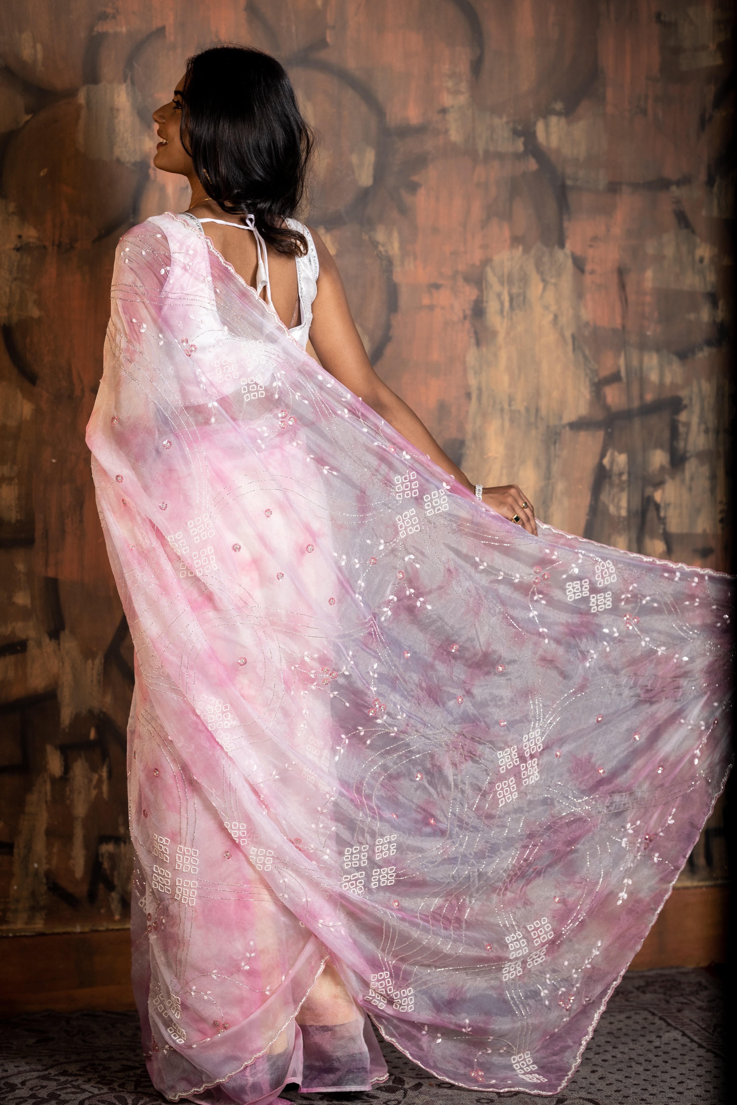Camellia || Baby Pink & Light Orchid Pink Shimmer Organza Fancy Saree with all over Sequins, Stone, Silver Cut-dana & Moti Handwork Floral Jaal and Border