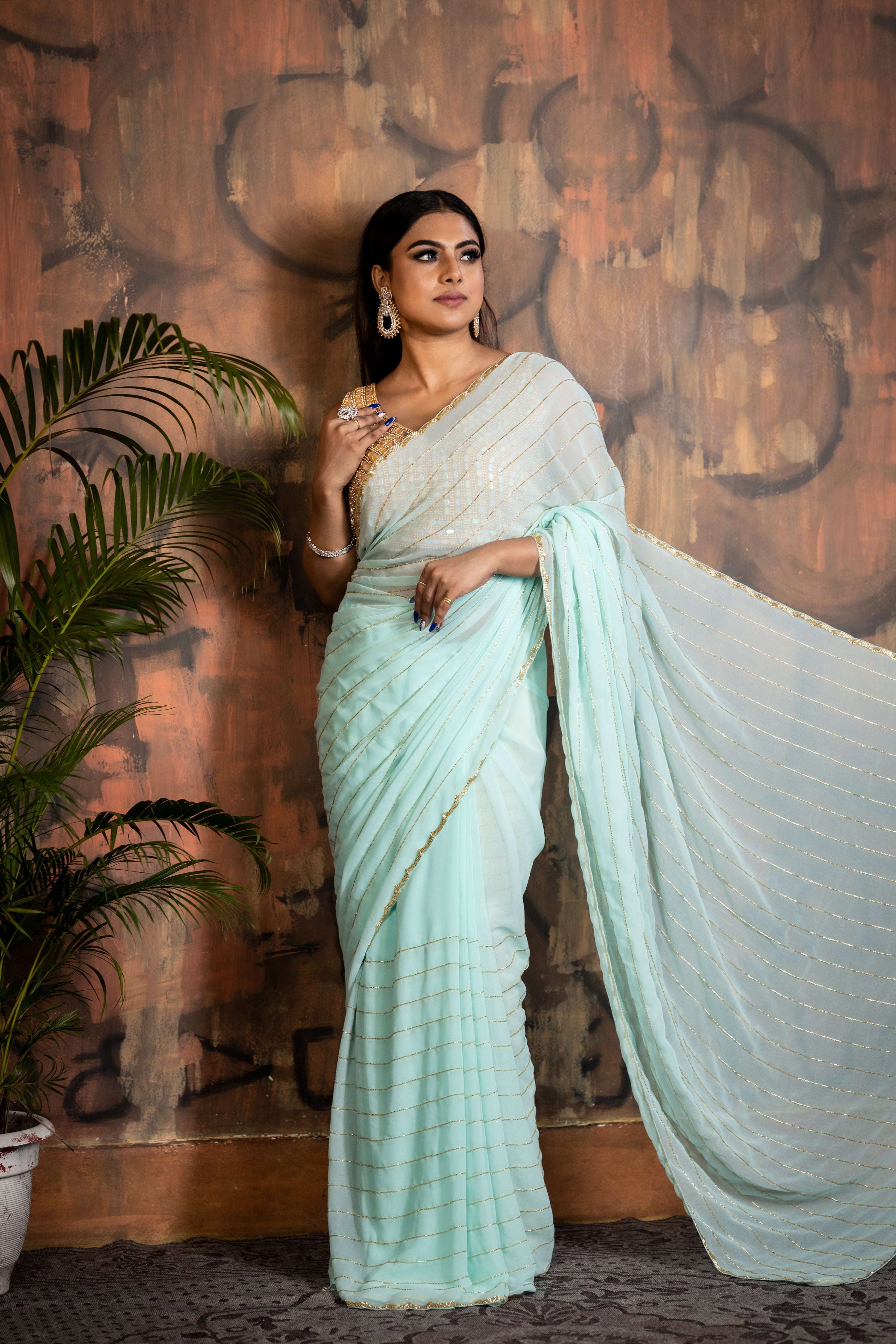 Cool Sea || Sea Green Georgette Chiffon Fancy Saree with all over Golden Cut-dana Handwork Stripes and Border
