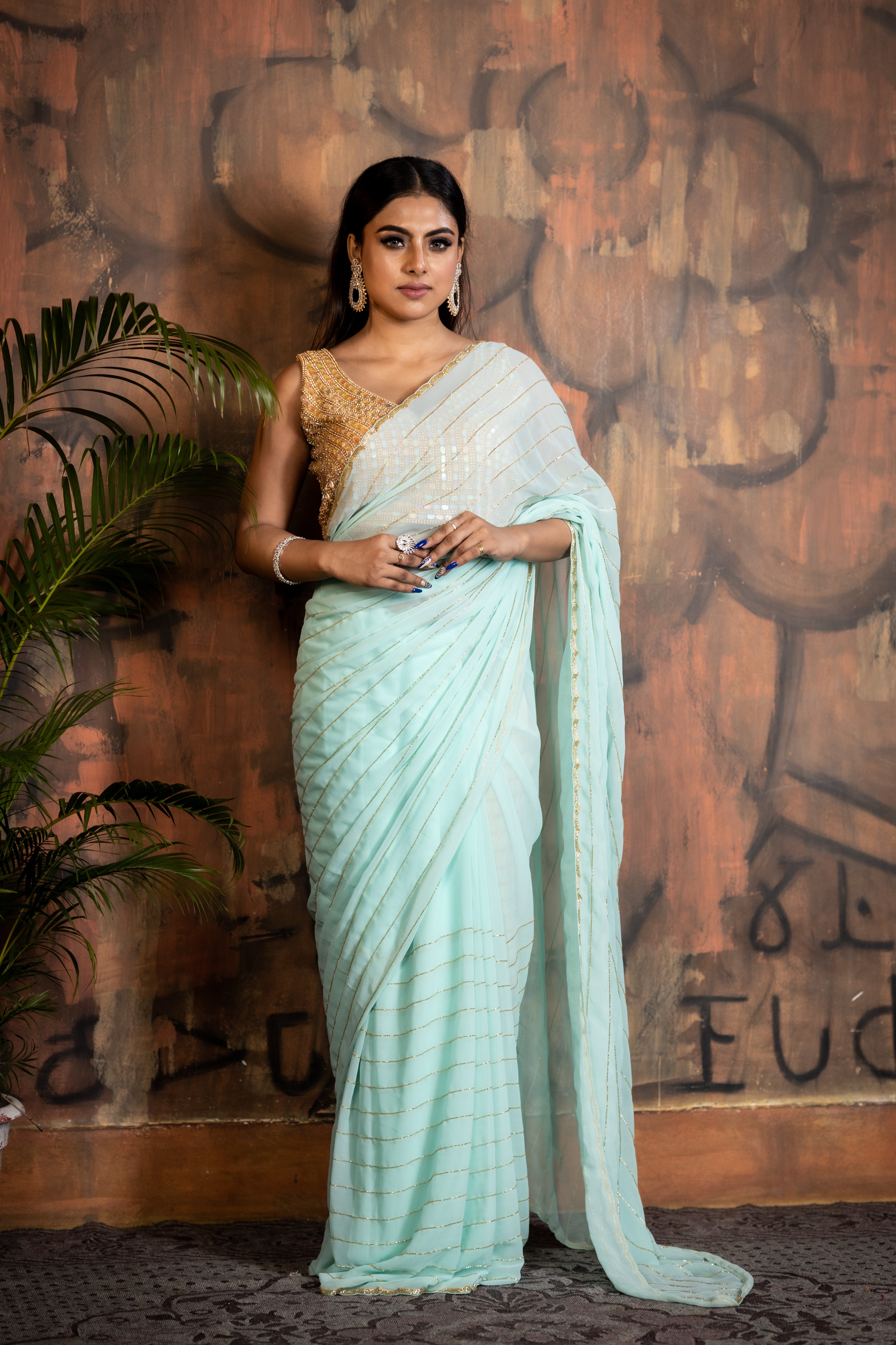 Cool Sea || Sea Green Georgette Chiffon Fancy Saree with all over Golden Cut-dana Handwork Stripes and Border