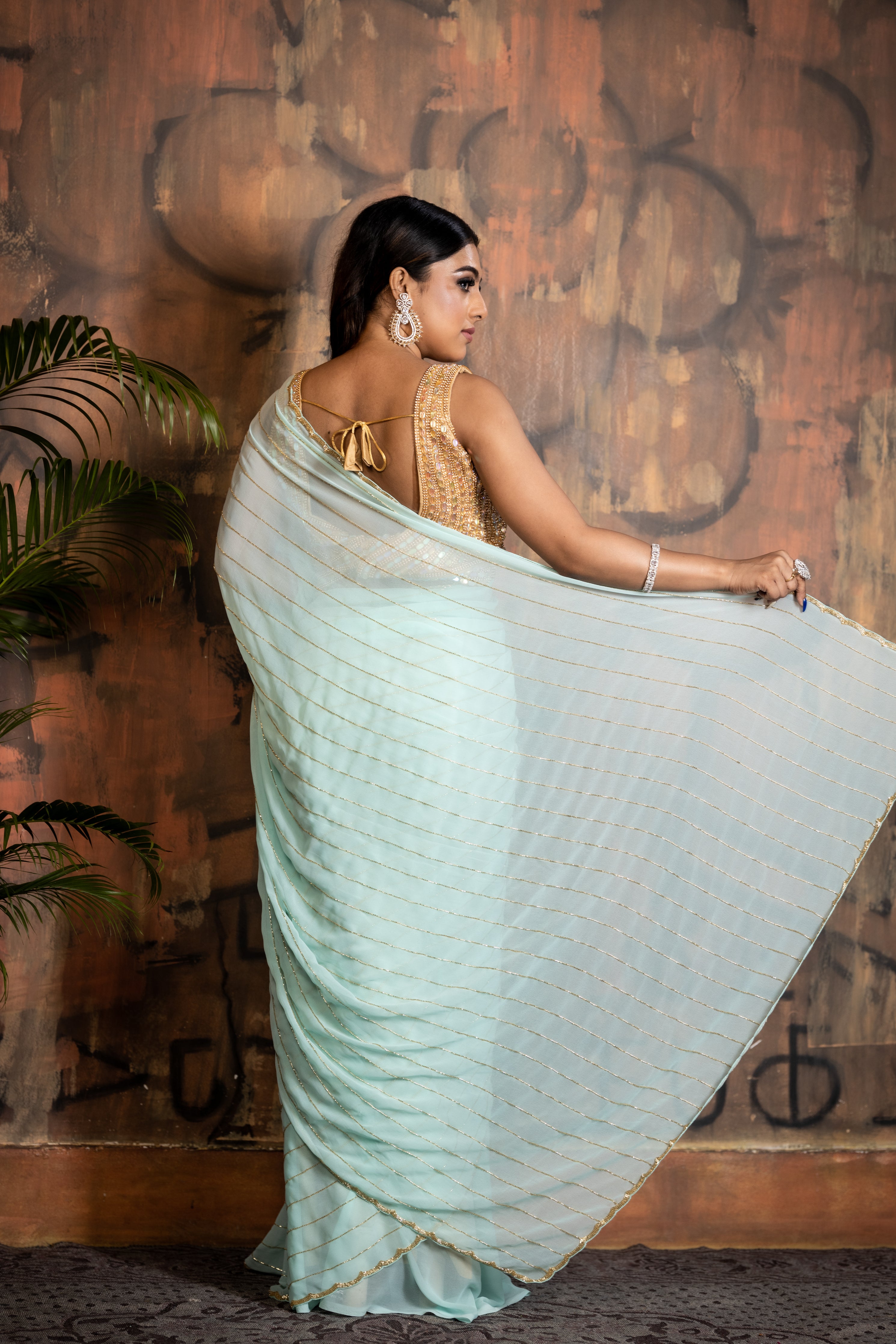 Cool Sea || Sea Green Georgette Chiffon Fancy Saree with all over Golden Cut-dana Handwork Stripes and Border