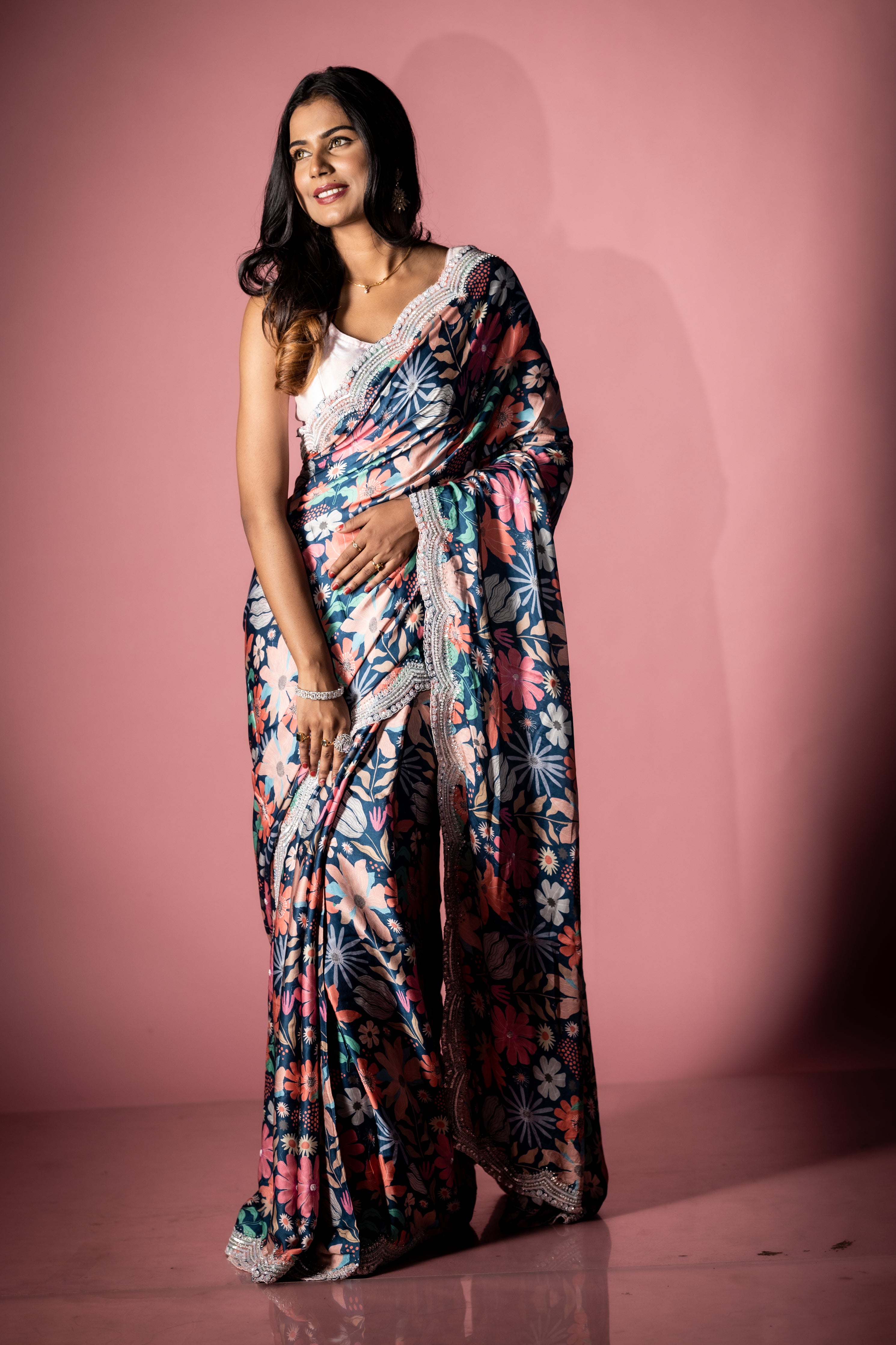 Symphony || Prussian Blue Satin Crepe Fancy Saree with all over Multi-colour Floral Print, White Sequins & Moti Buti and Cut-dana, Moti, Stone, White Sequins & Resham Handwork Floral Border with Zardosi highlights