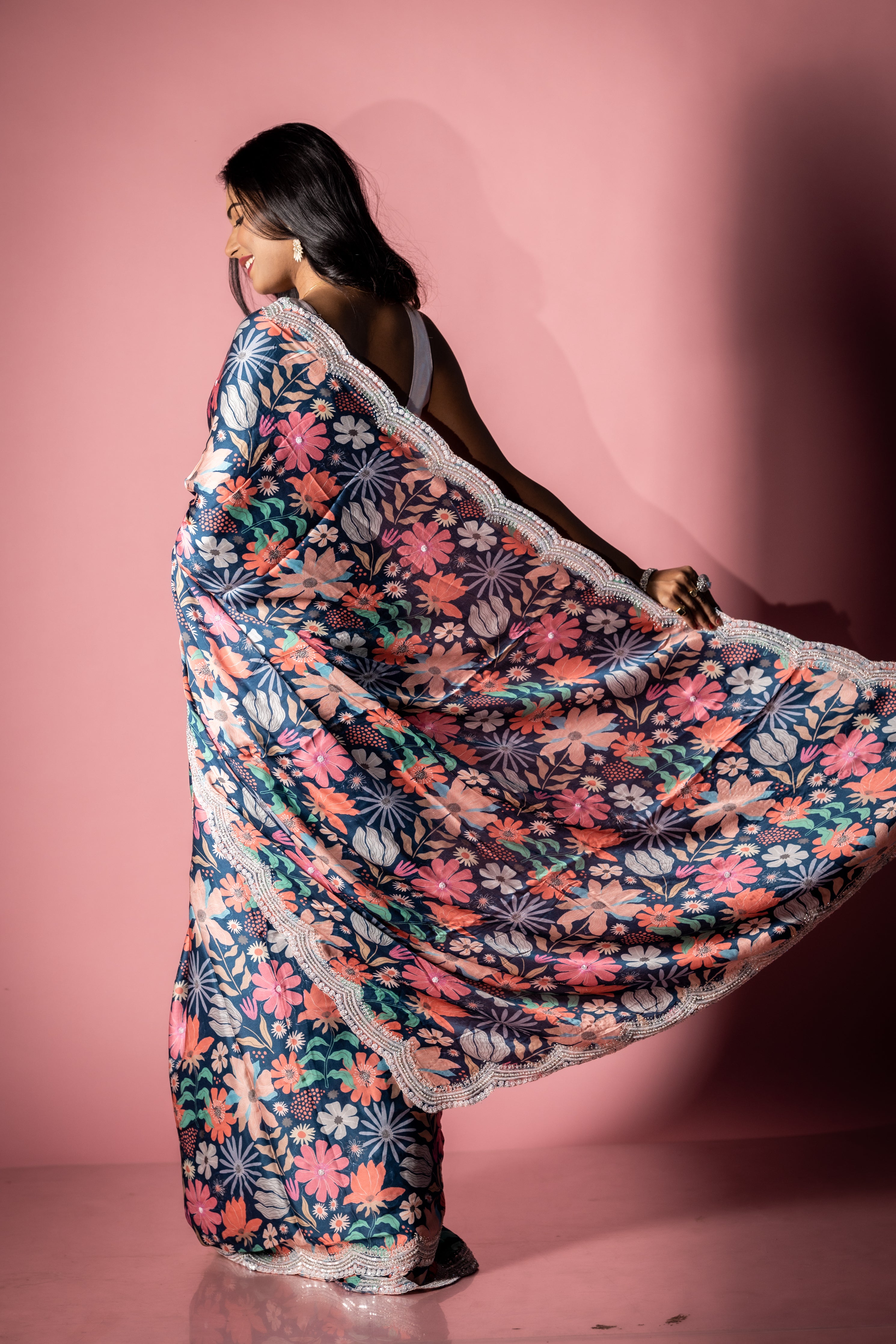 Symphony || Prussian Blue Satin Crepe Fancy Saree with all over Multi-colour Floral Print, White Sequins & Moti Buti and Cut-dana, Moti, Stone, White Sequins & Resham Handwork Floral Border with Zardosi highlights