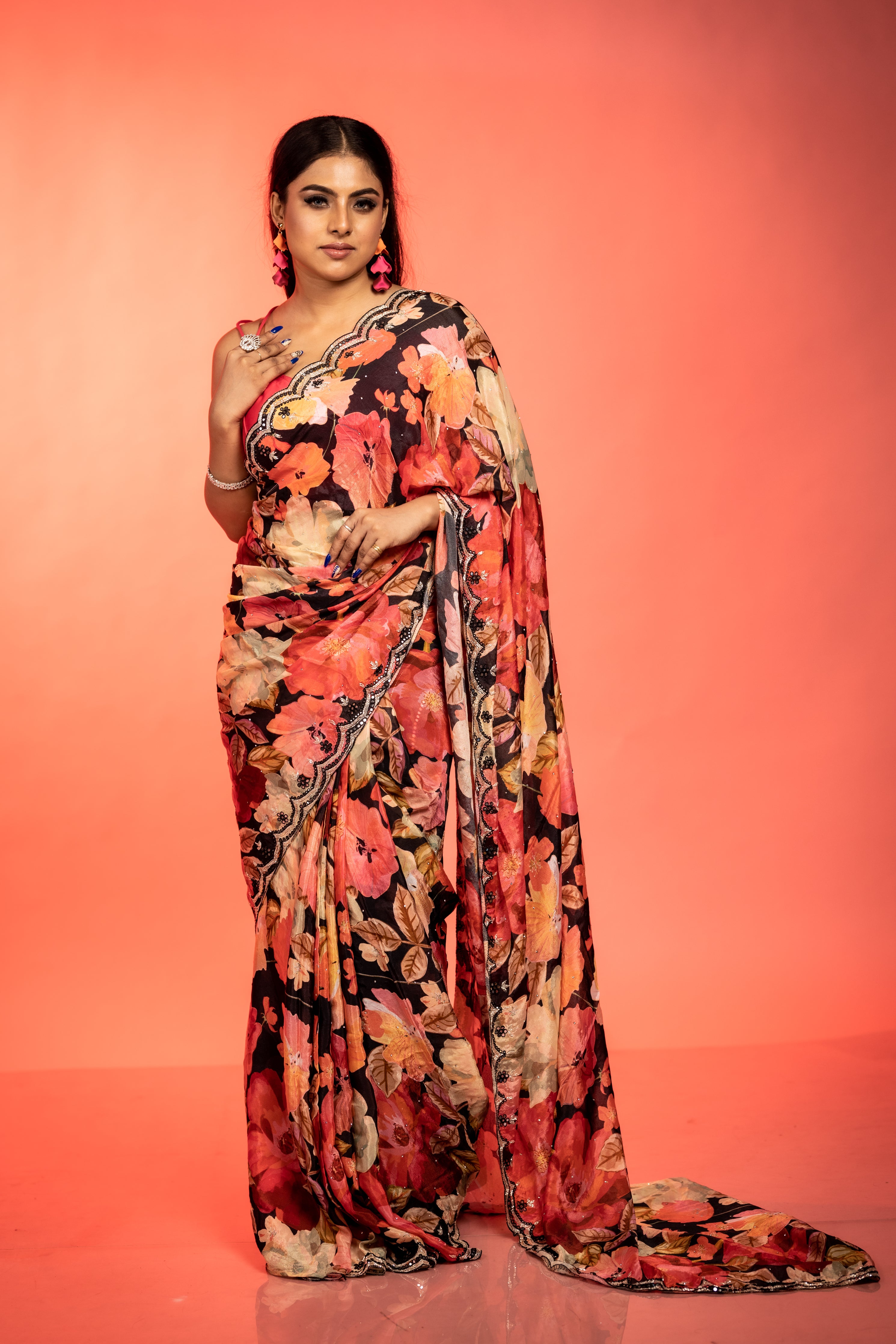 Intoxicated || Black Chinon Fancy Saree with all over Multi-colour Floral Print and Mirror, Cut-dana, Stone & Black Resham Handwork Buti & Border