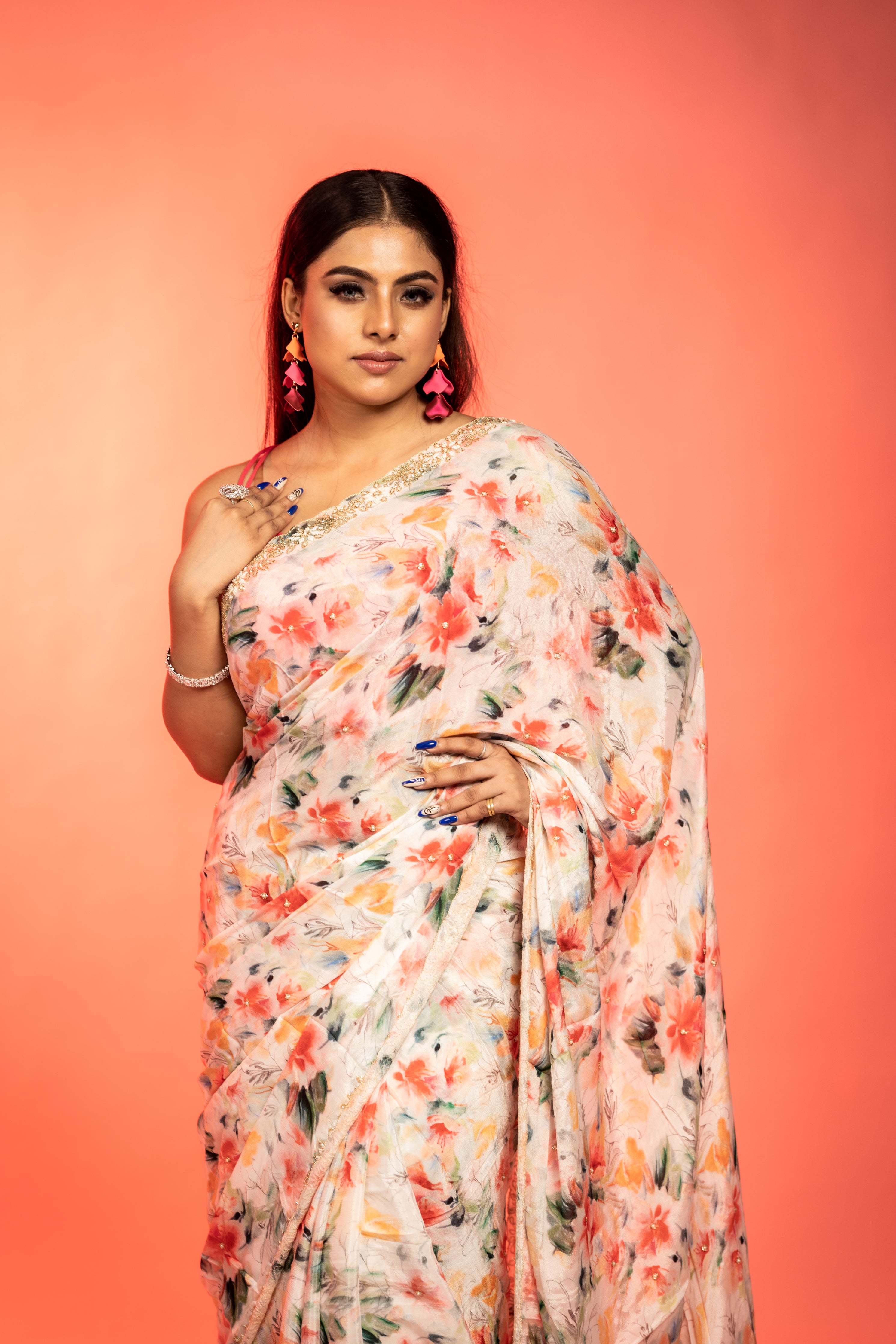 Cherry Blossom || Milky White Chinon Fancy Saree with all over Multi-colour Floral Print and Moti & Cut-dana Handwork Buti and Border with Golden Zari piping