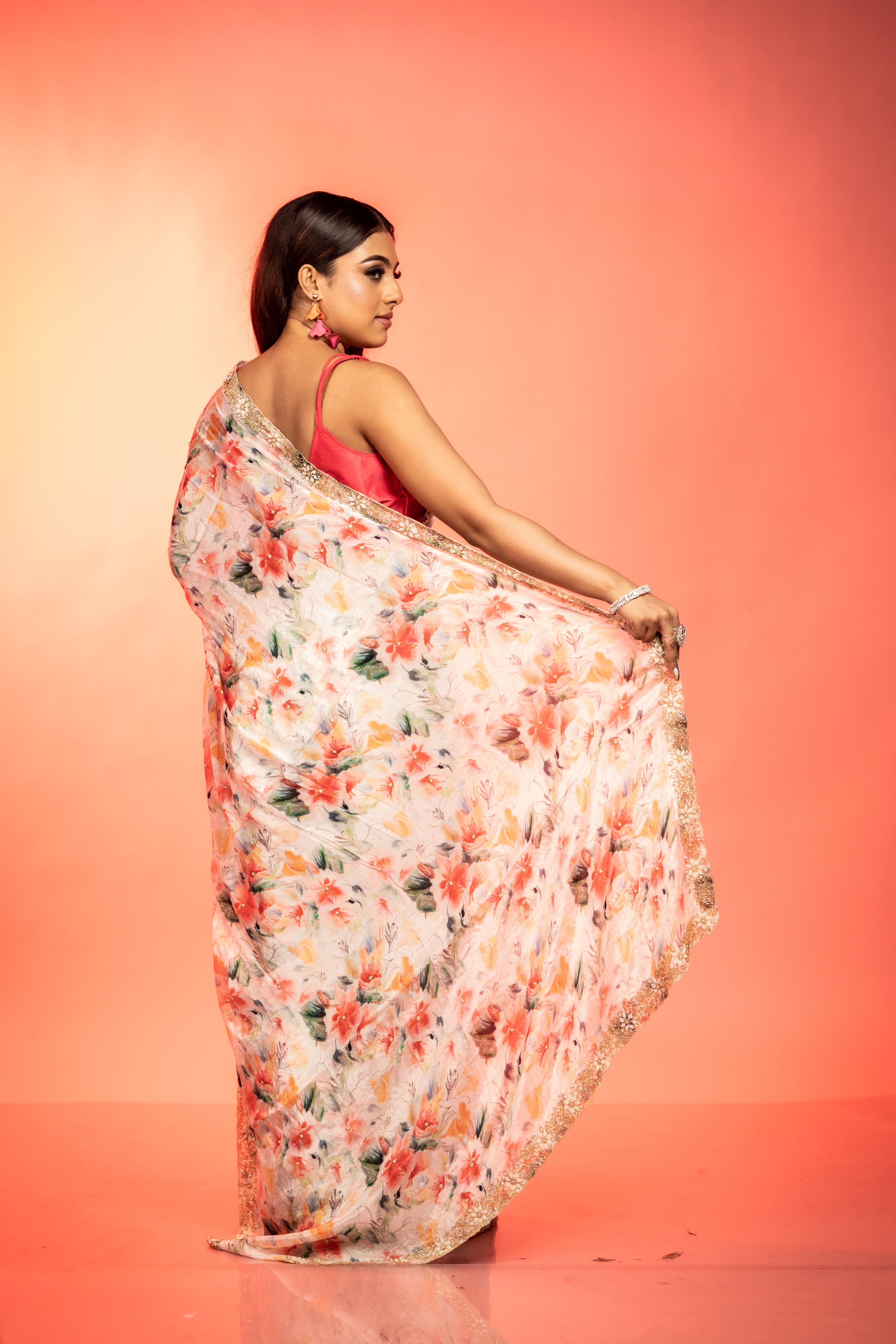 Cherry Blossom || Milky White Chinon Fancy Saree with all over Multi-colour Floral Print and Moti & Cut-dana Handwork Buti and Border with Golden Zari piping