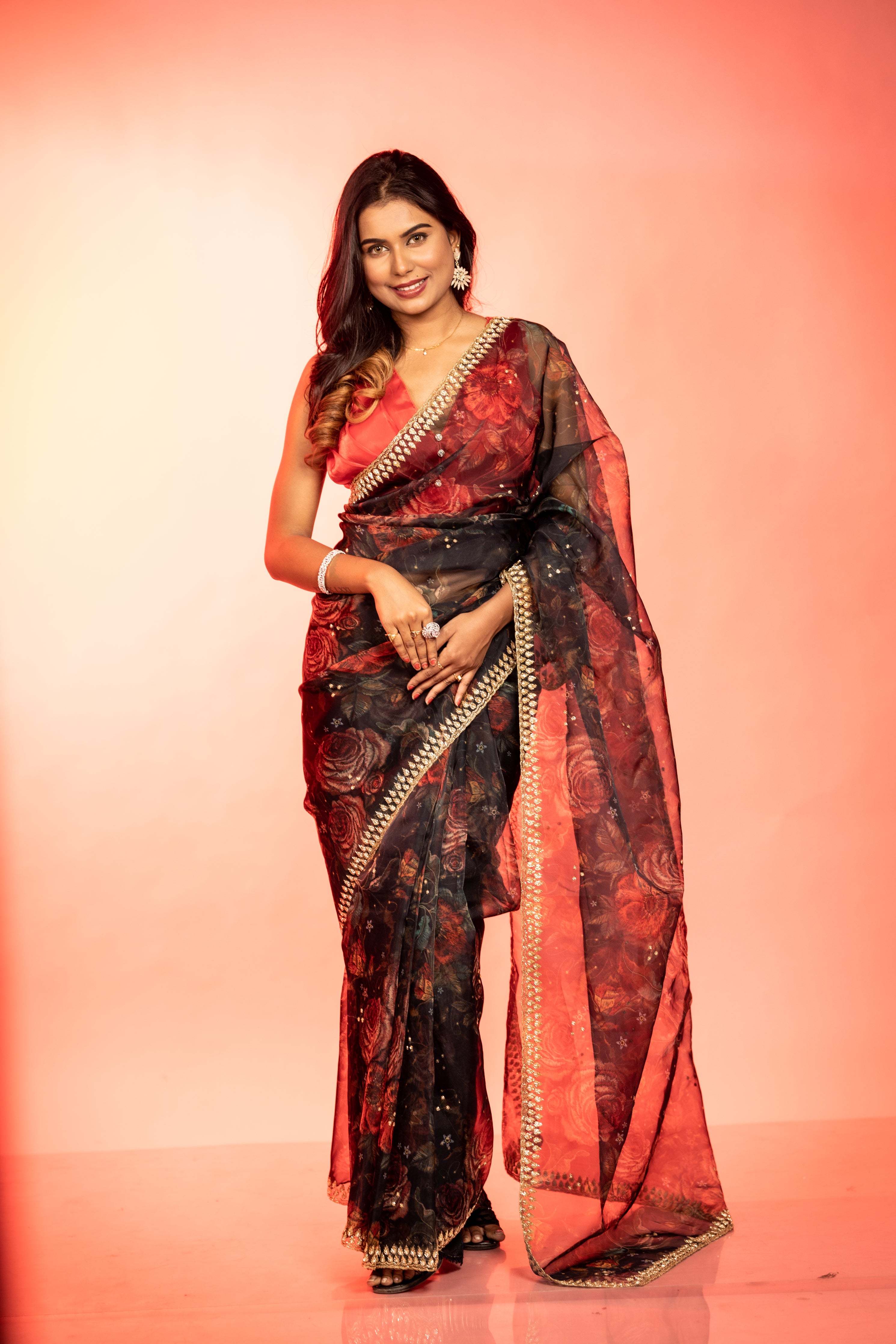Black Rose || Black Pure Organza Fancy Saree with all over Multi-colour Floral Digital Print and Moti & Cut-dana Handwork Buti & Border with Antique Gold Zari piping