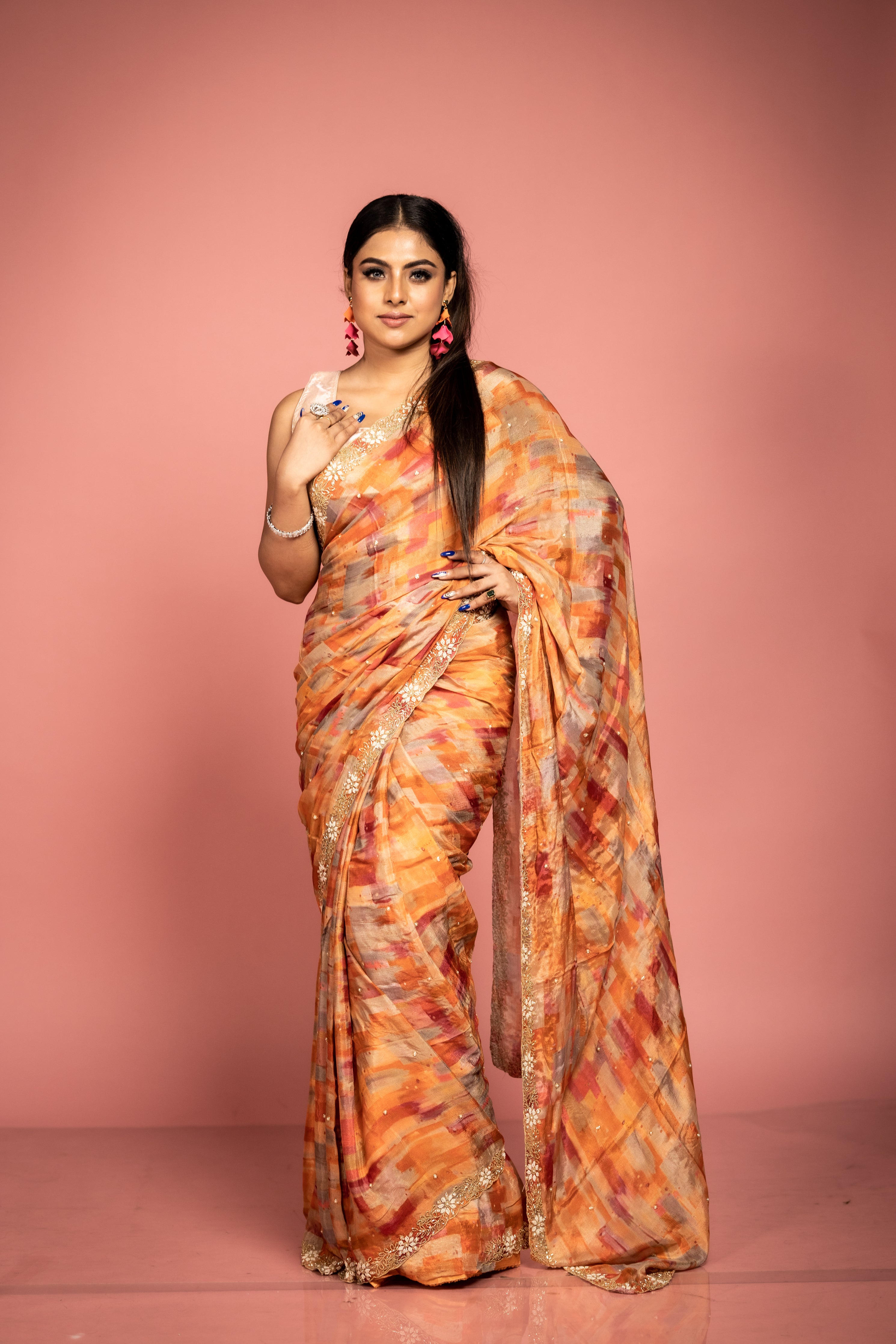 Unevenly Even || Orange & Beetroot Pink Chinon Fancy Saree with all over Multi-shade Colourwash Print and Moti & Cut-dana Handwork Buti & Border with Golden Zari piping