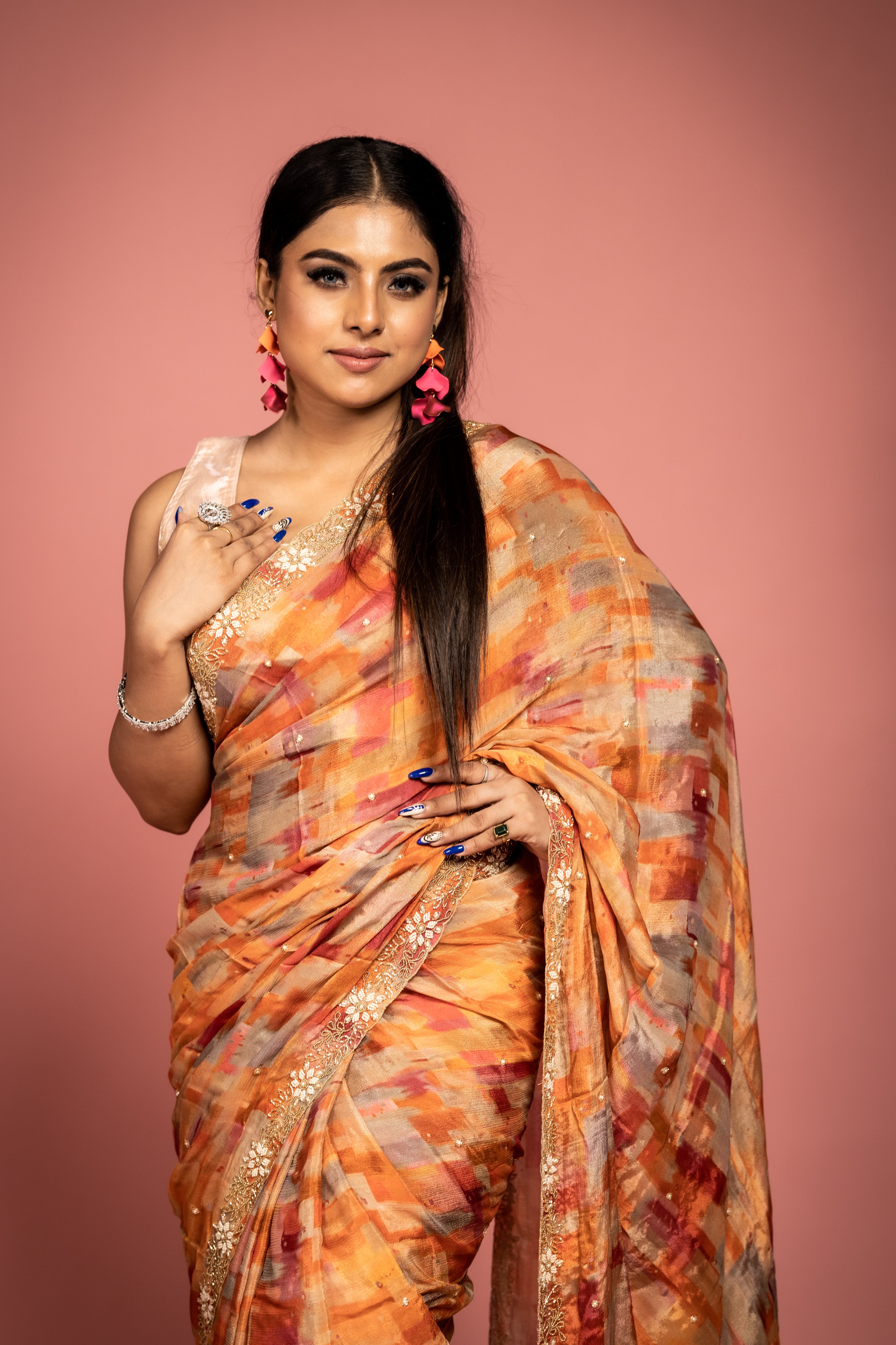 Unevenly Even || Orange & Beetroot Pink Chinon Fancy Saree with all over Multi-shade Colourwash Print and Moti & Cut-dana Handwork Buti & Border with Golden Zari piping