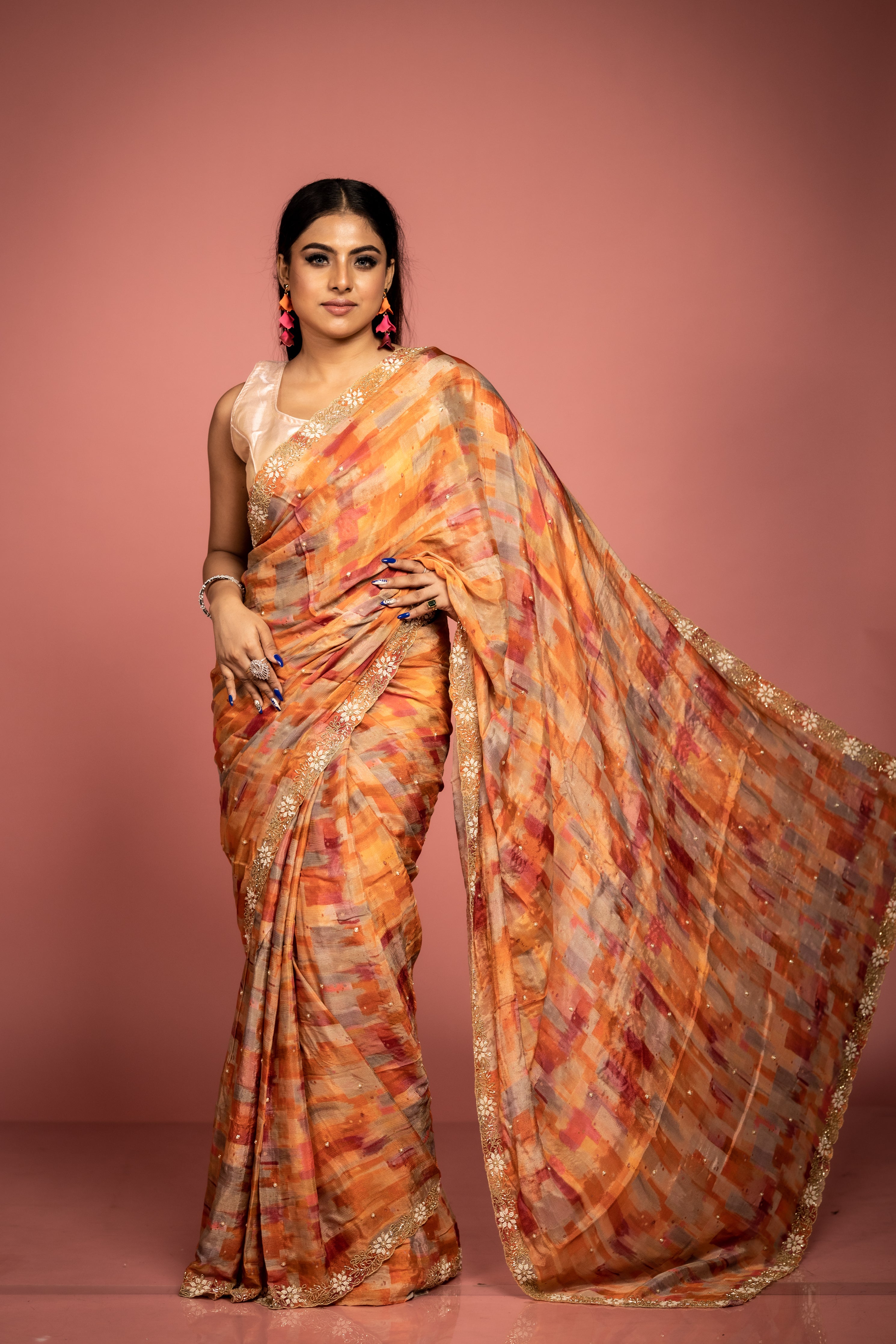 Unevenly Even || Orange & Beetroot Pink Chinon Fancy Saree with all over Multi-shade Colourwash Print and Moti & Cut-dana Handwork Buti & Border with Golden Zari piping