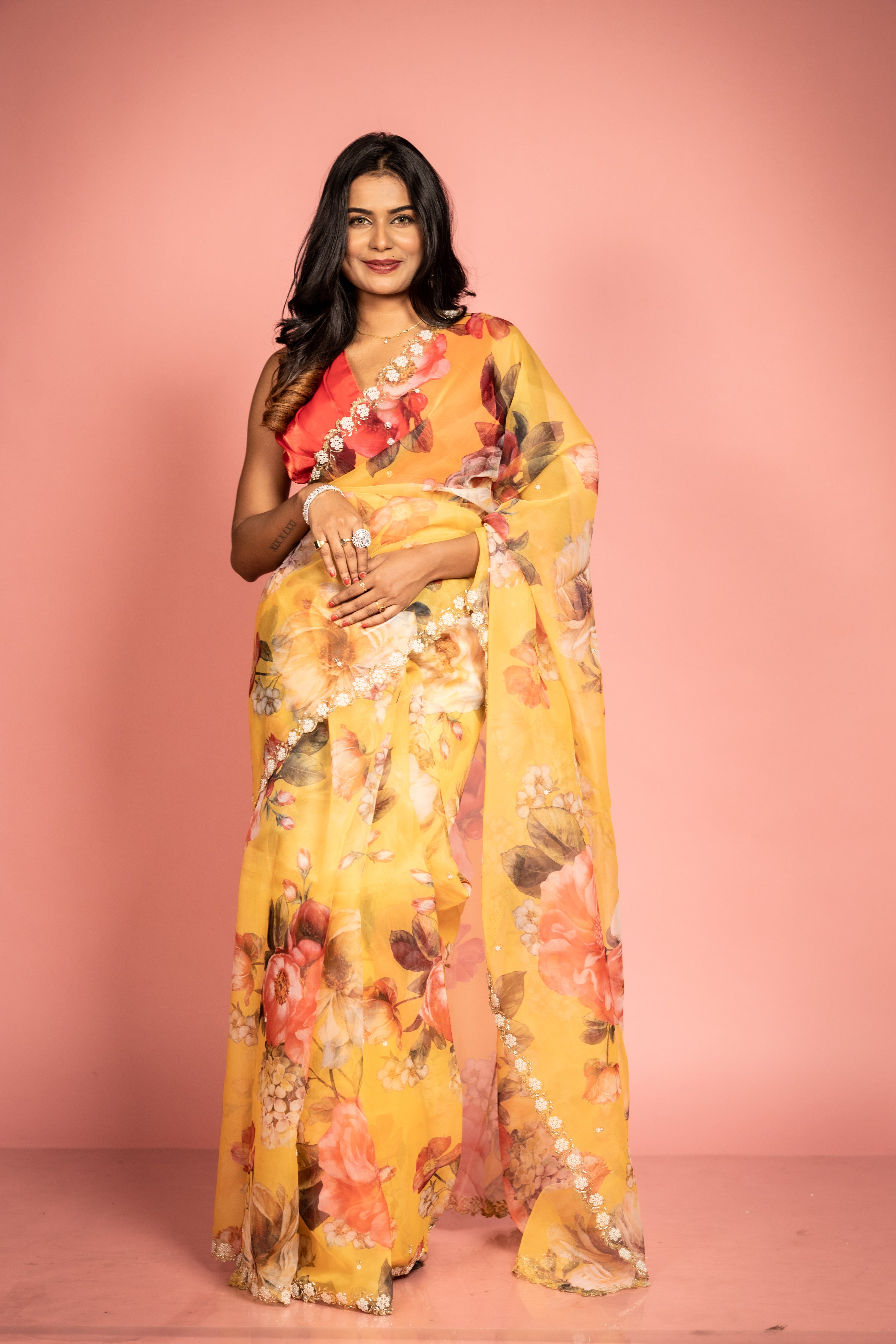 Rosa || Mango Yellow Pure Organza Fancy Saree with all over Multi-colour Floral Digital Print and Moti & Cut-dana Handwork Buti & Border with Antique Gold Zari piping