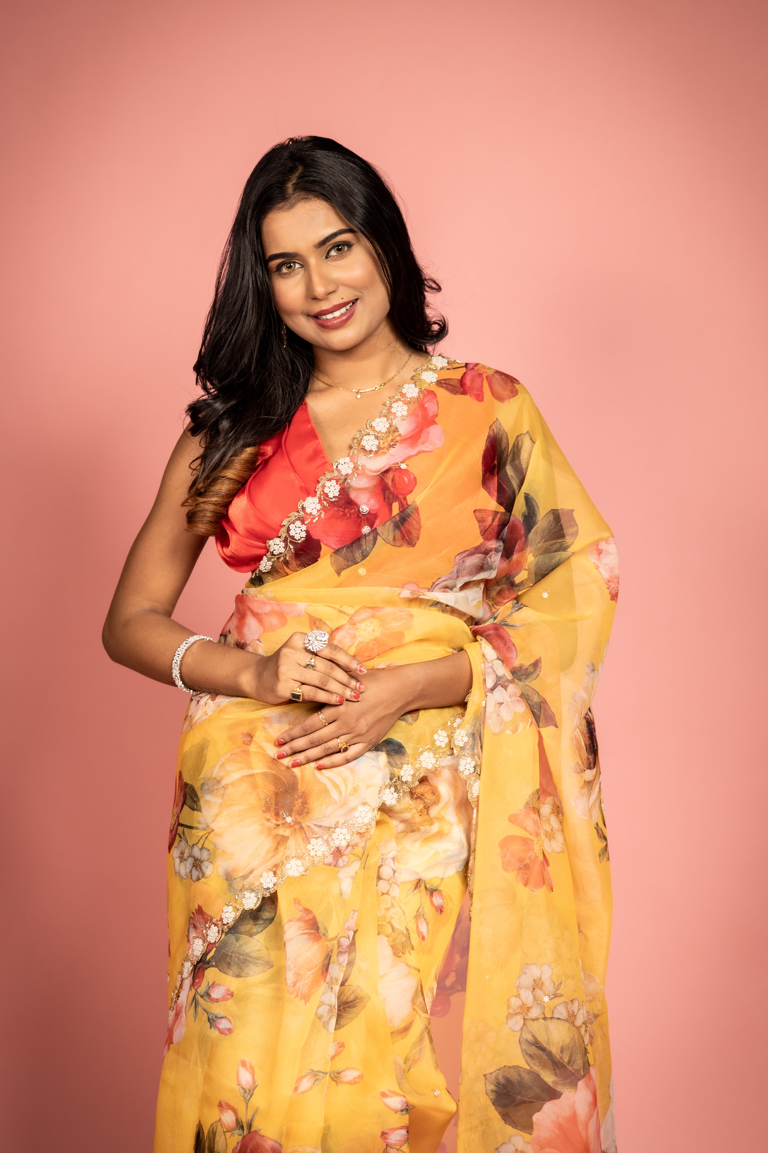 Rosa || Mango Yellow Pure Organza Fancy Saree with all over Multi-colour Floral Digital Print and Moti & Cut-dana Handwork Buti & Border with Antique Gold Zari piping