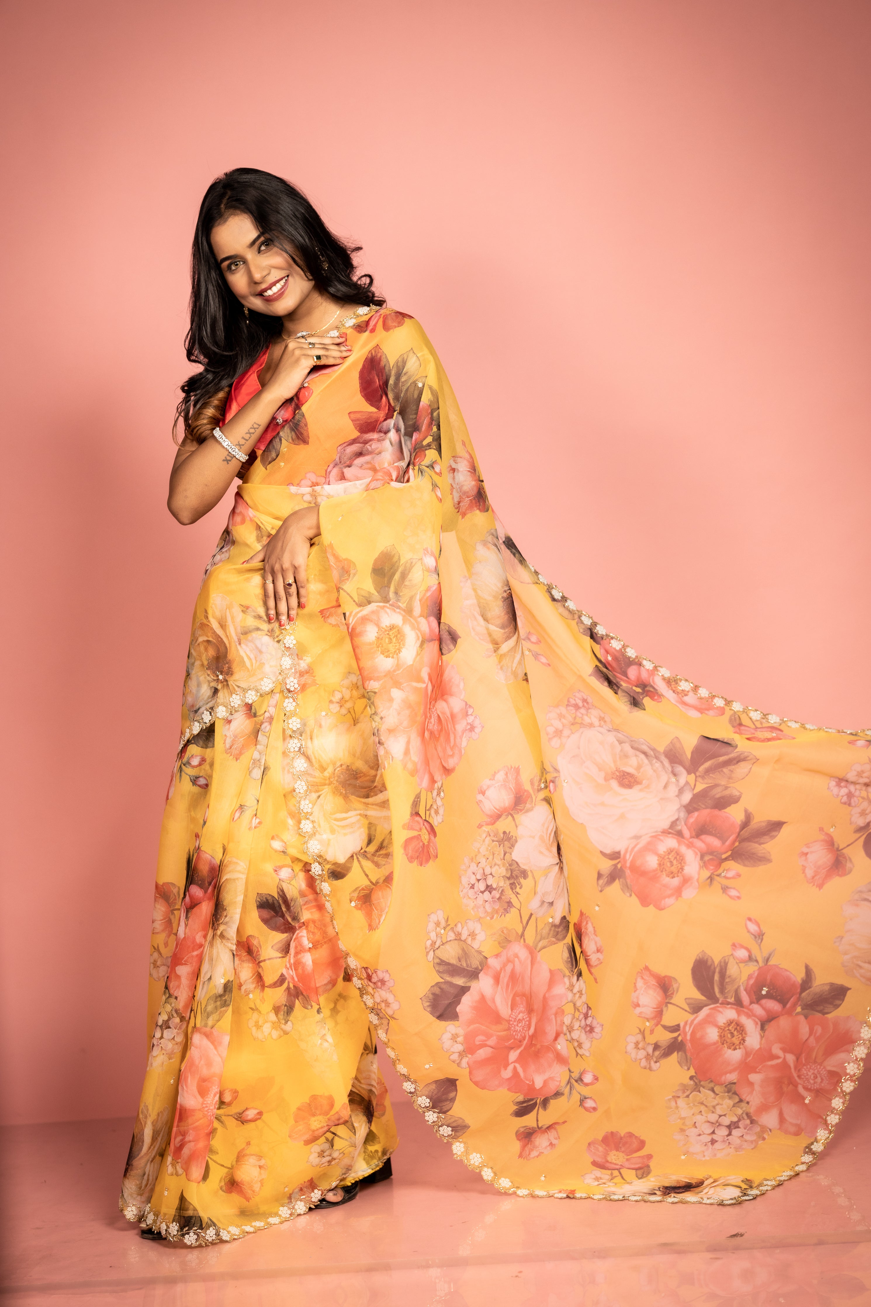 Rosa || Mango Yellow Pure Organza Fancy Saree with all over Multi-colour Floral Digital Print and Moti & Cut-dana Handwork Buti & Border with Antique Gold Zari piping