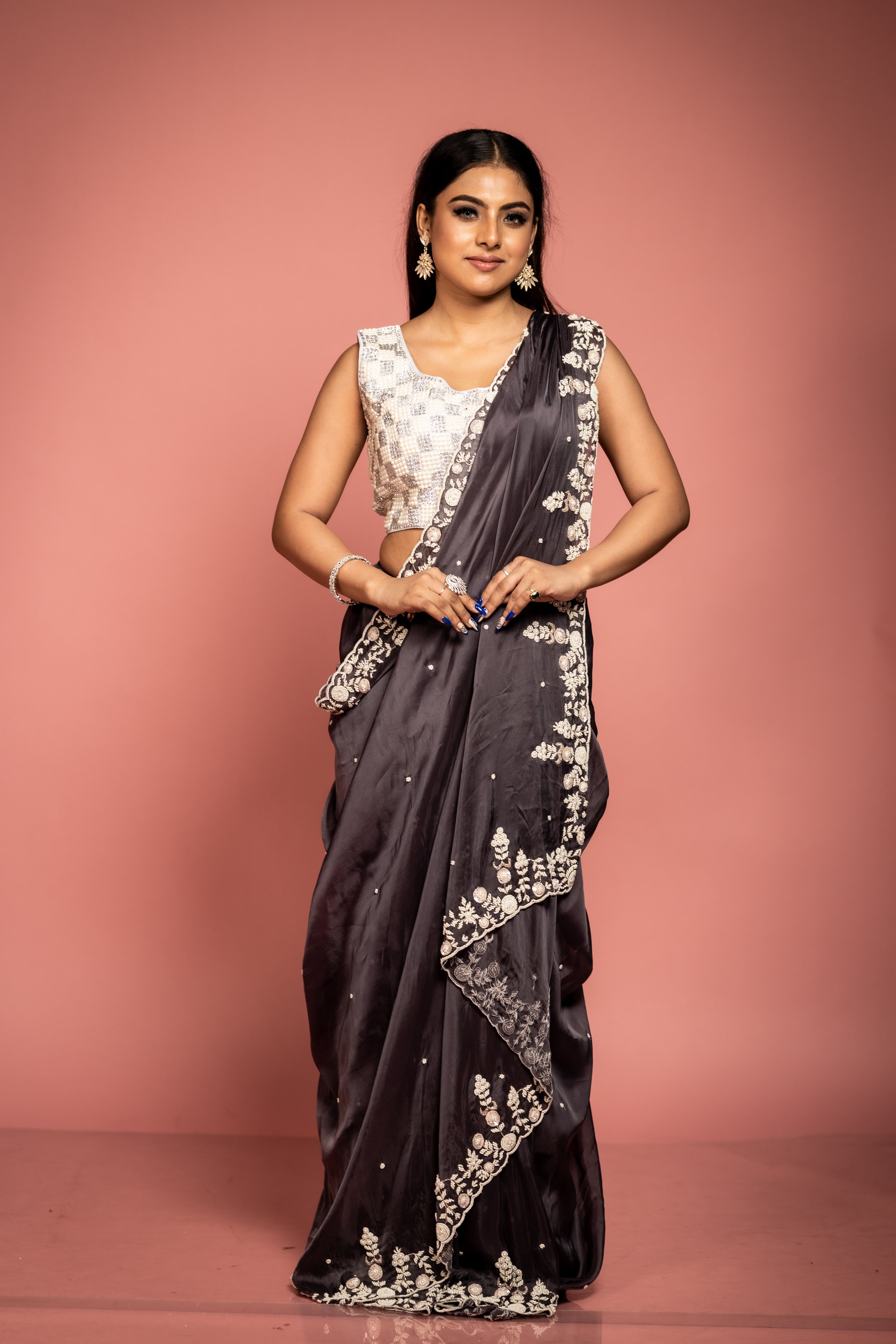 Kiara || Dark Gunmetal Grey Silk Organza Fancy Saree with all over Moti Handwork Floral Buti and Sequins, Cut-dana & Moti Floral Border