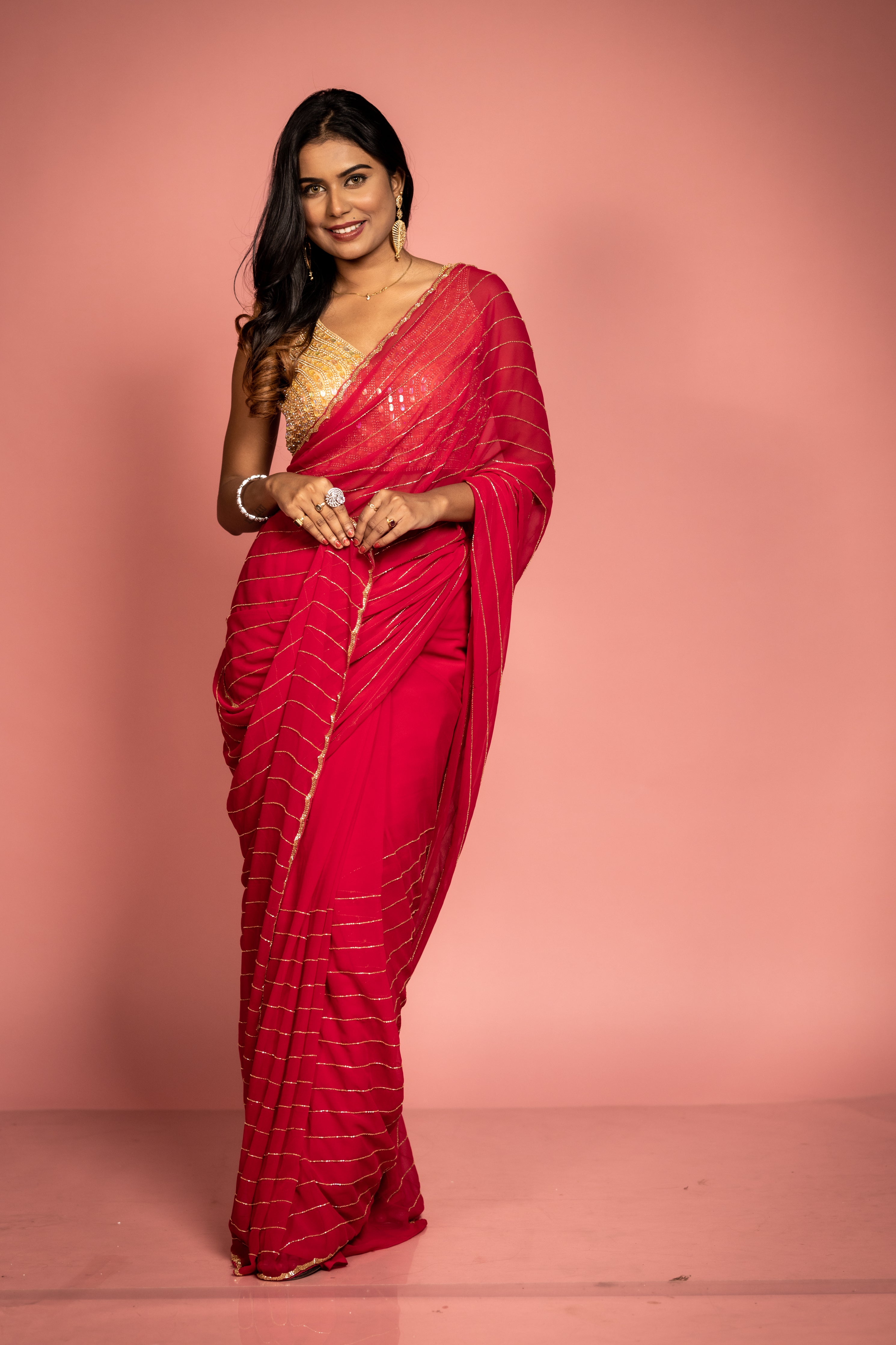 Raspberry Crush || Deep Raspberry Pink Georgette Chiffon Fancy Saree with all over Golden Cut-dana Handwork Stripes and Border