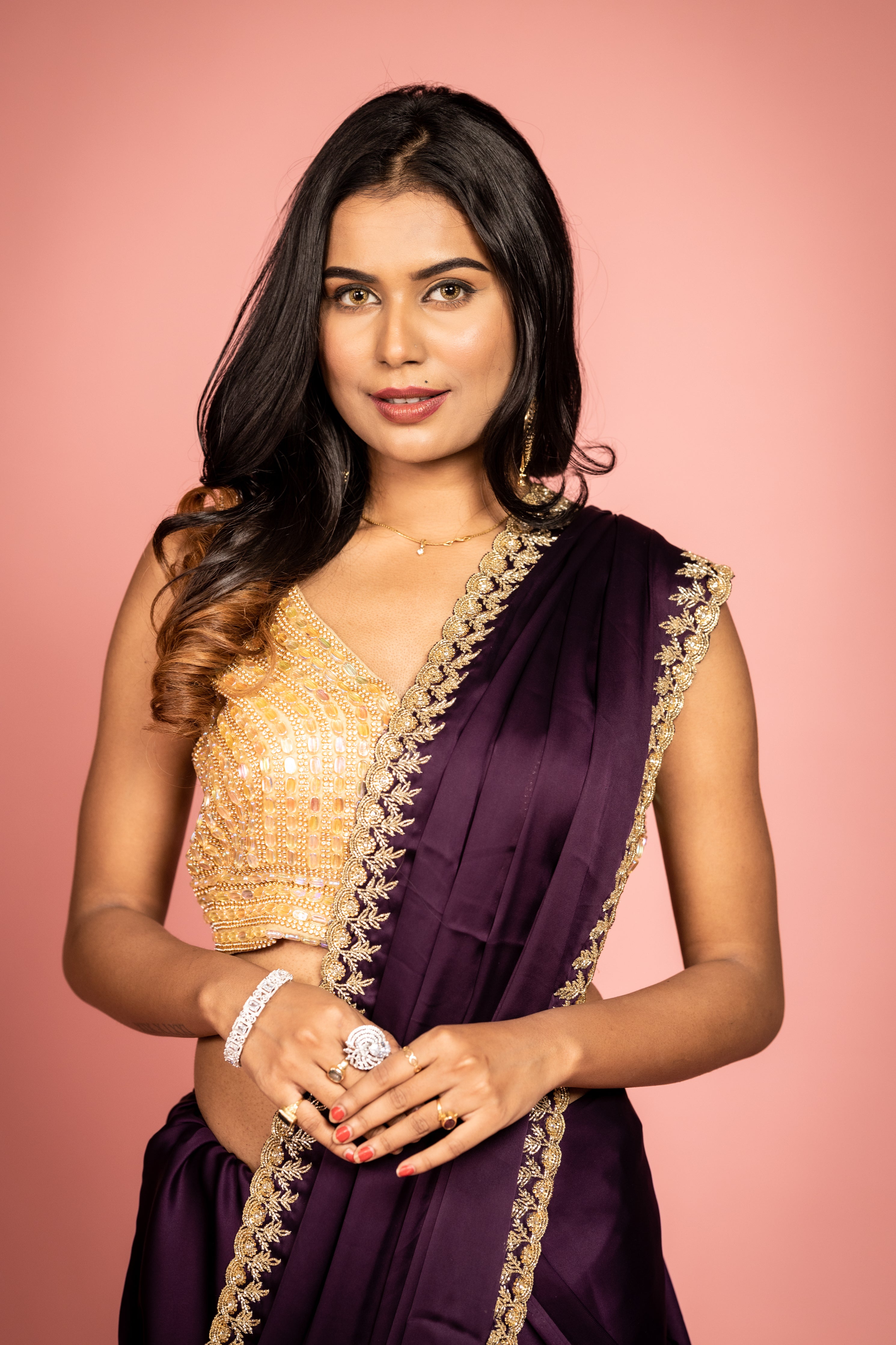 Amethyst || Dark Violet Satin Georgette Fancy Saree with all over Plain body and Cut-dana & Stone Handwork Floral Border