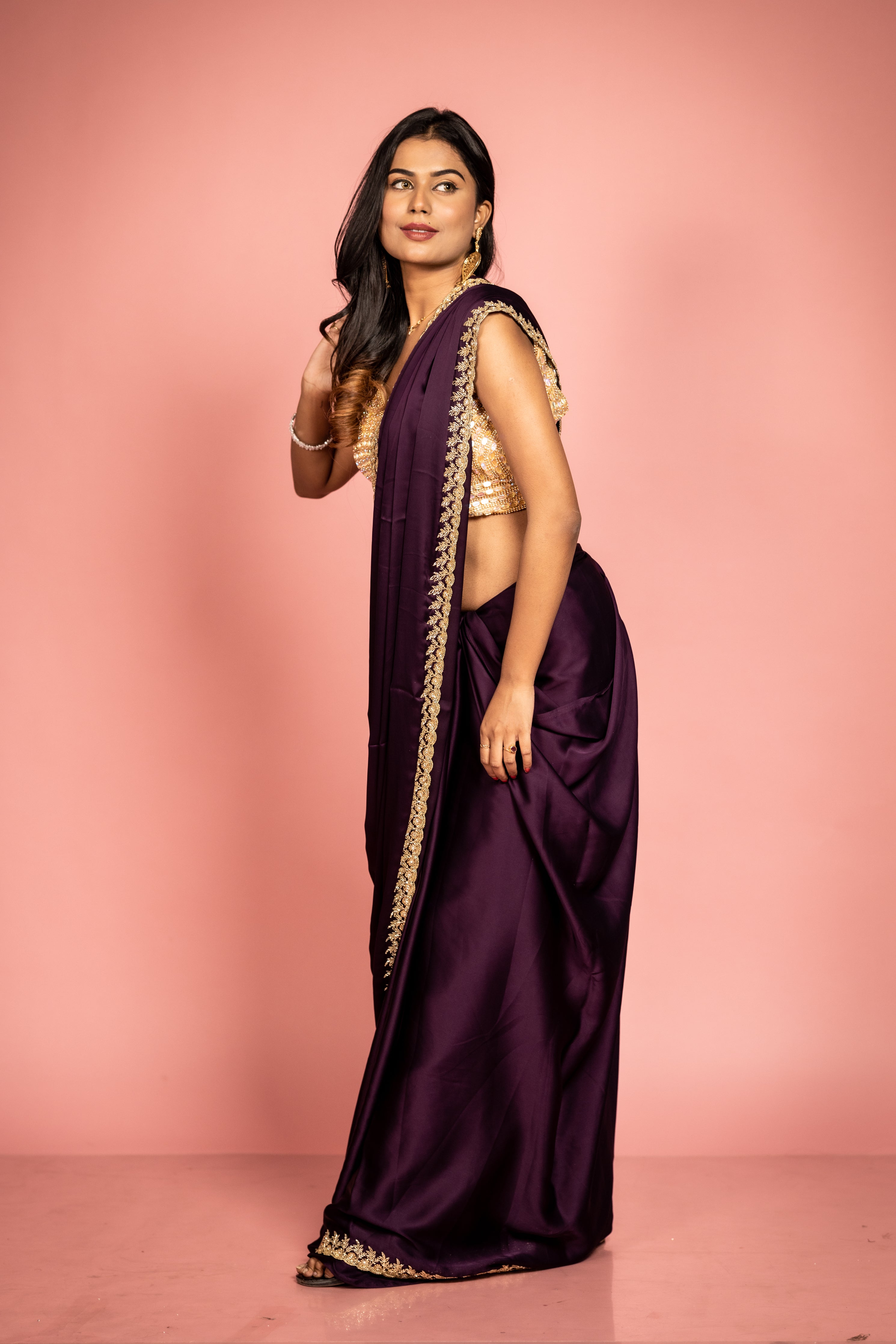 Amethyst || Dark Violet Satin Georgette Fancy Saree with all over Plain body and Cut-dana & Stone Handwork Floral Border