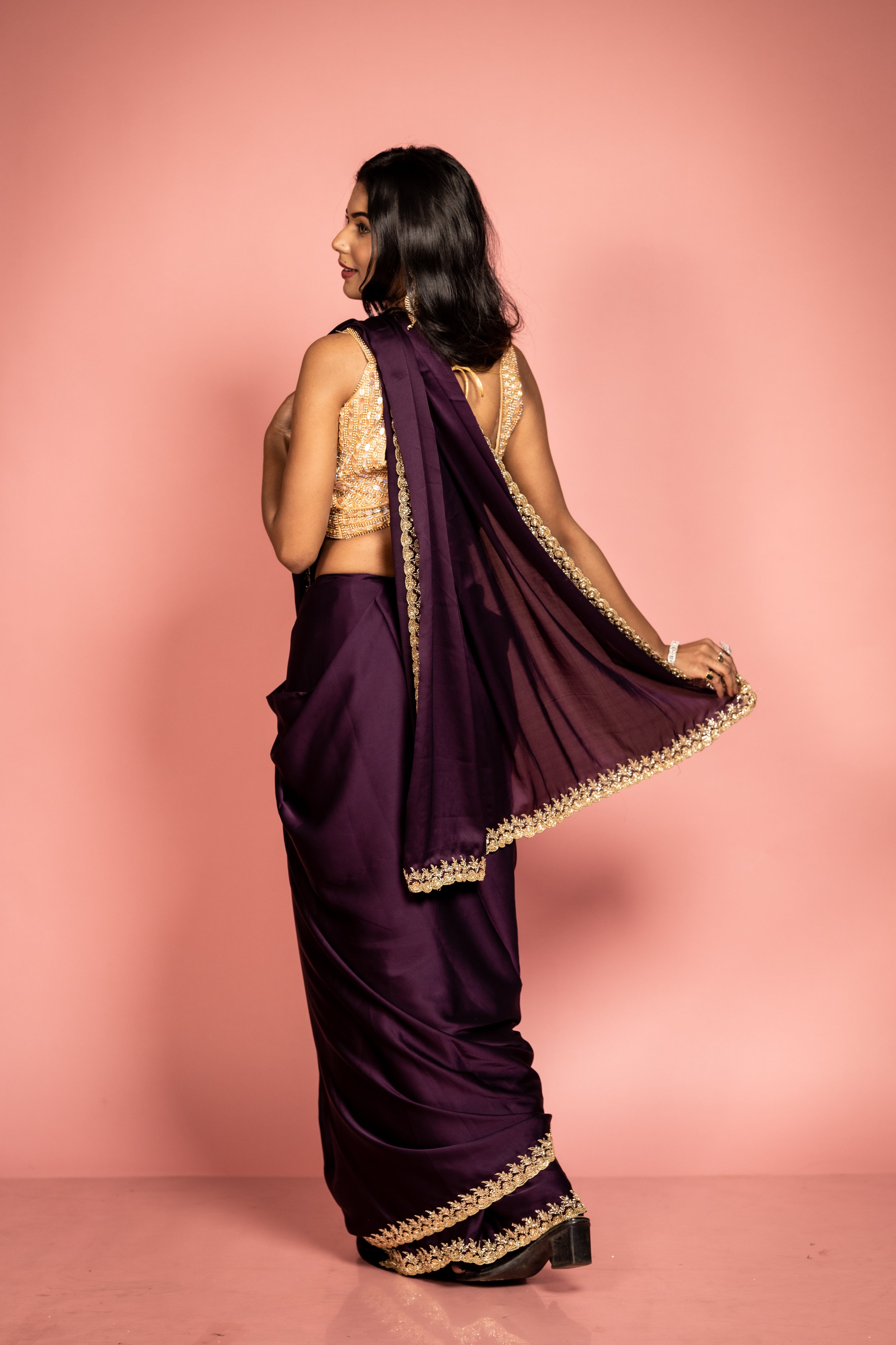 Amethyst || Dark Violet Satin Georgette Fancy Saree with all over Plain body and Cut-dana & Stone Handwork Floral Border