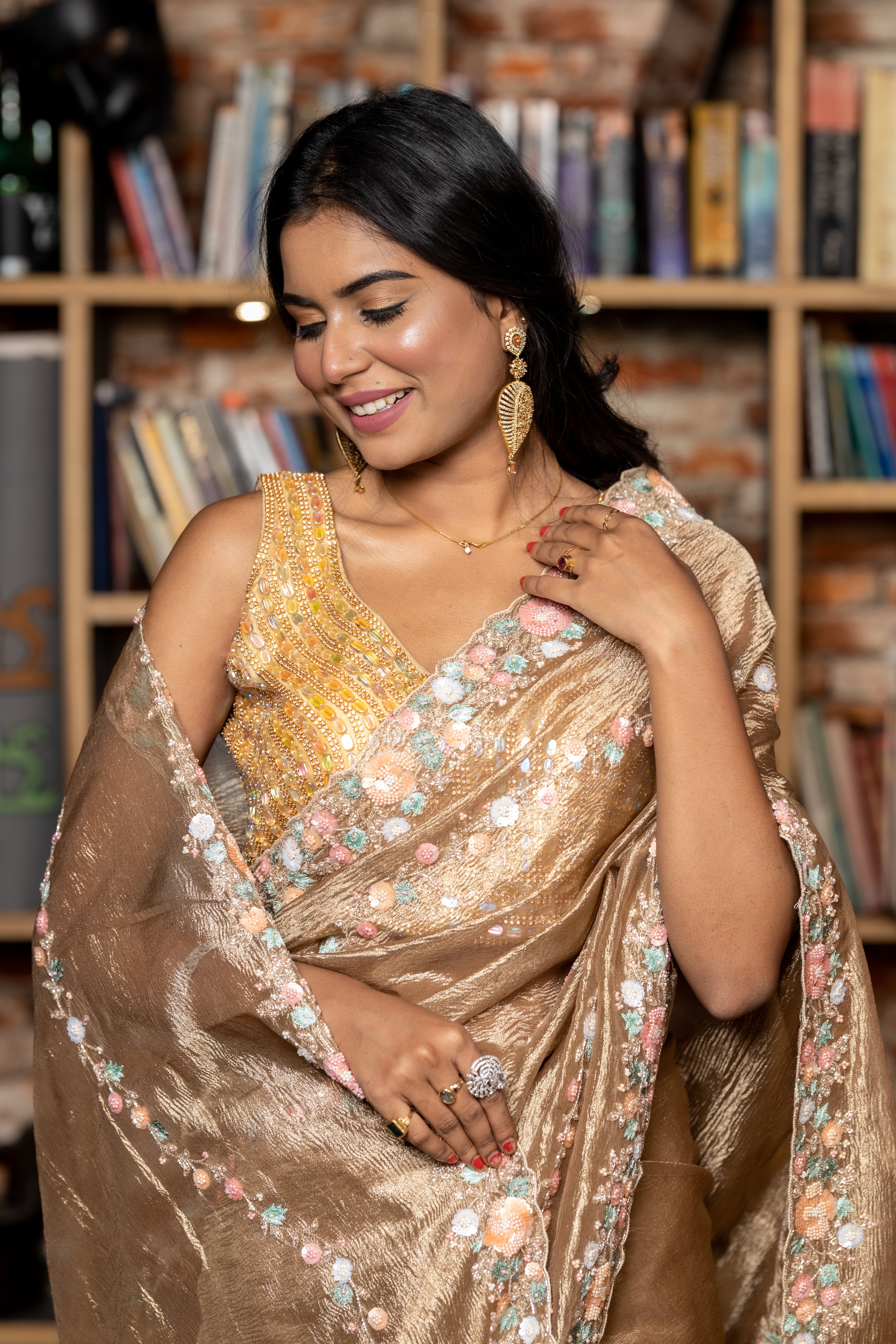 Aurelia || Antique Gold Crushed Tissue Fancy Saree with all over Multi-colour Sequins, Moti, Cut-dana & Resham Handwork Stripes and Border