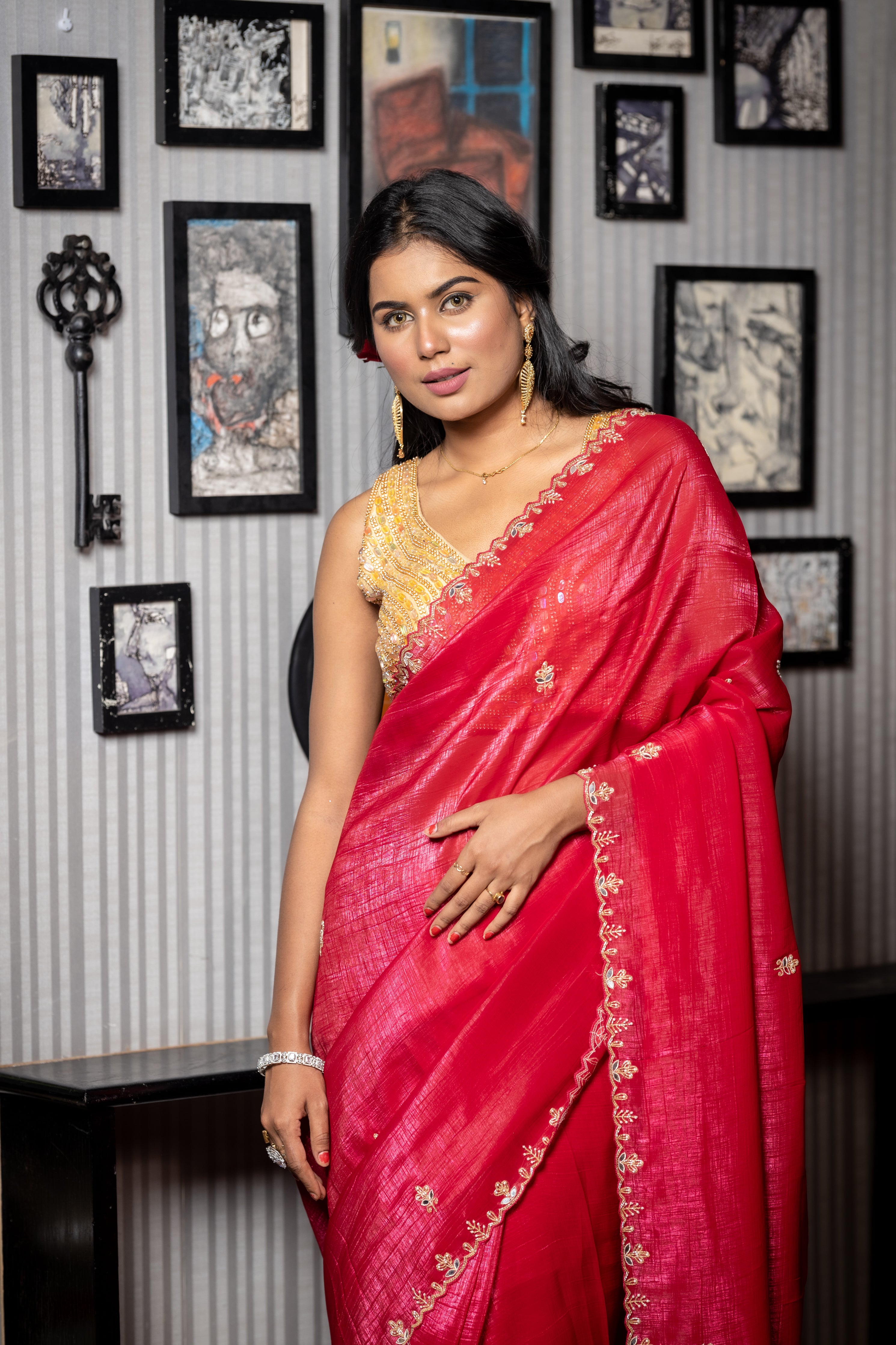 Lal Ishq || Dark Cherry Red Shimmer Silk Fancy Saree with all over Cut-dana, Mirror & Moti Handwork Floral Buta, Border and Sequins, Cut-dana, Moti, Stone & Mirror work Pallu