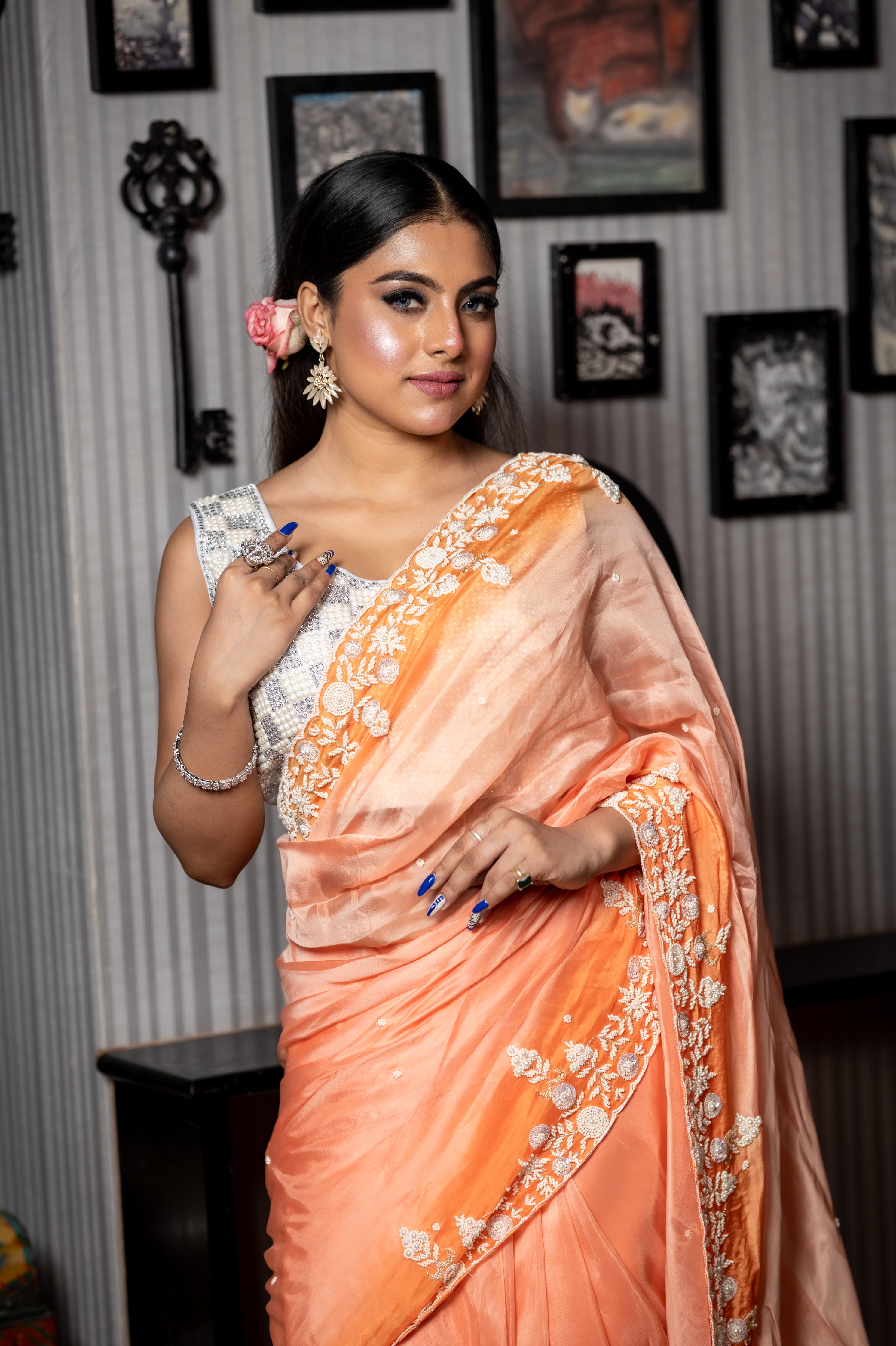 Orange Blossom || Peach & Orange Ombre Silk Organza Fancy Saree with all over Moti Handwork Floral Buti and Sequins, Cut-dana & Moti Floral Border