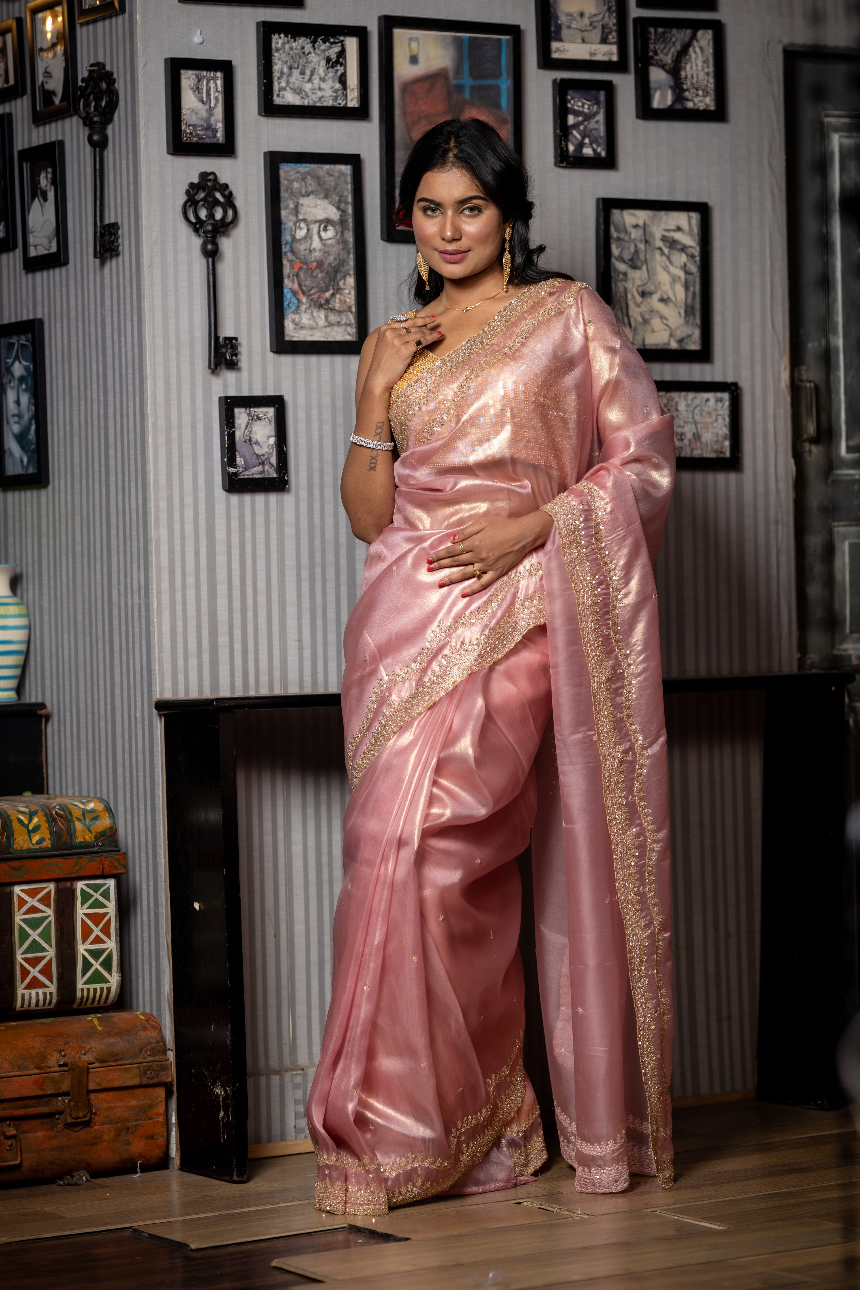 Cosmos || Onion Pink & Gold dual tone Raina Tissue Fancy Saree with all over Golden Sequins & Cut-dana Handwork Buti and Border with Moti highlights