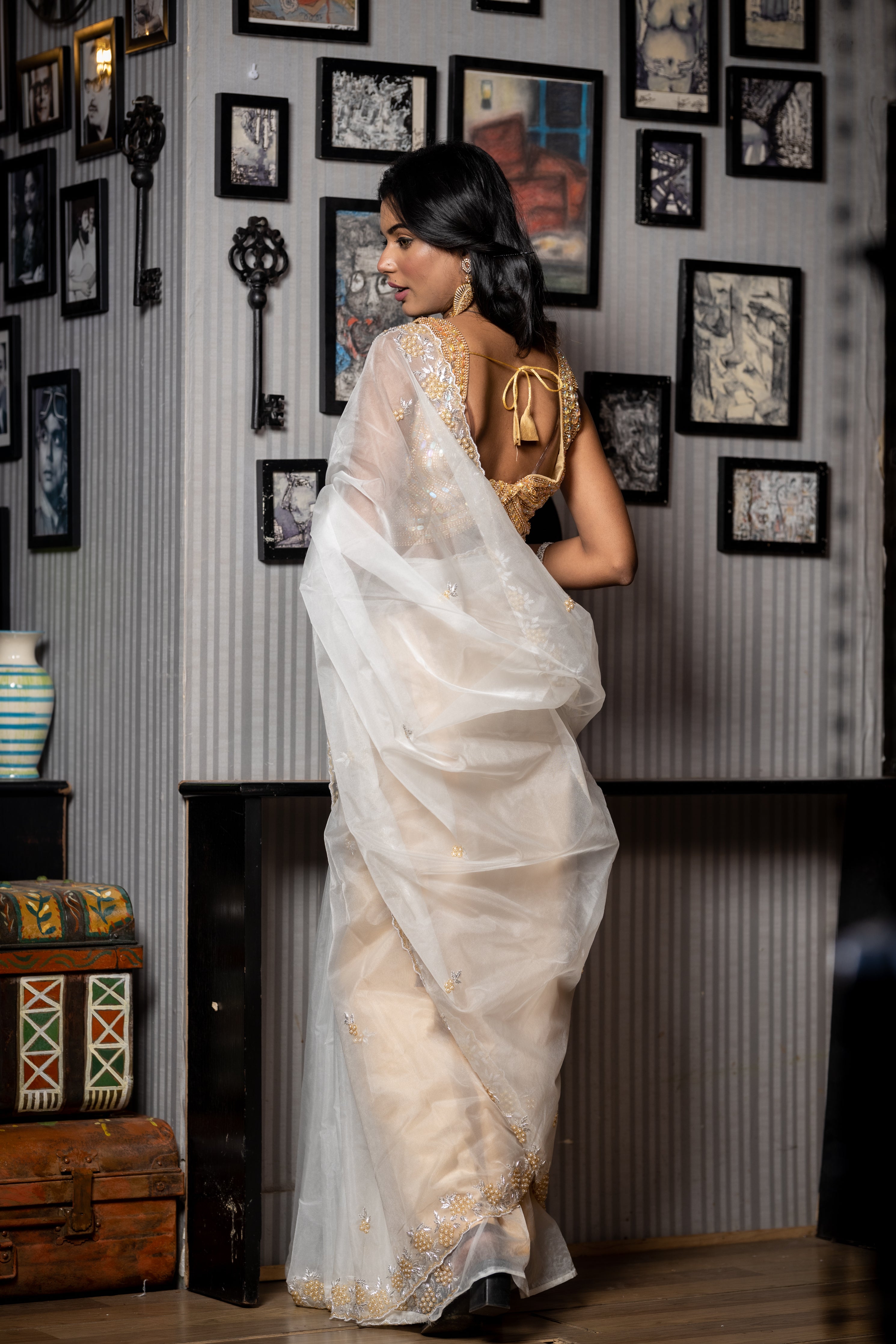 Lumi || White Soft Organza Fancy Saree with all over Moti, Silver & Gold Cut-dana Handwork Floral motif Buta and Border