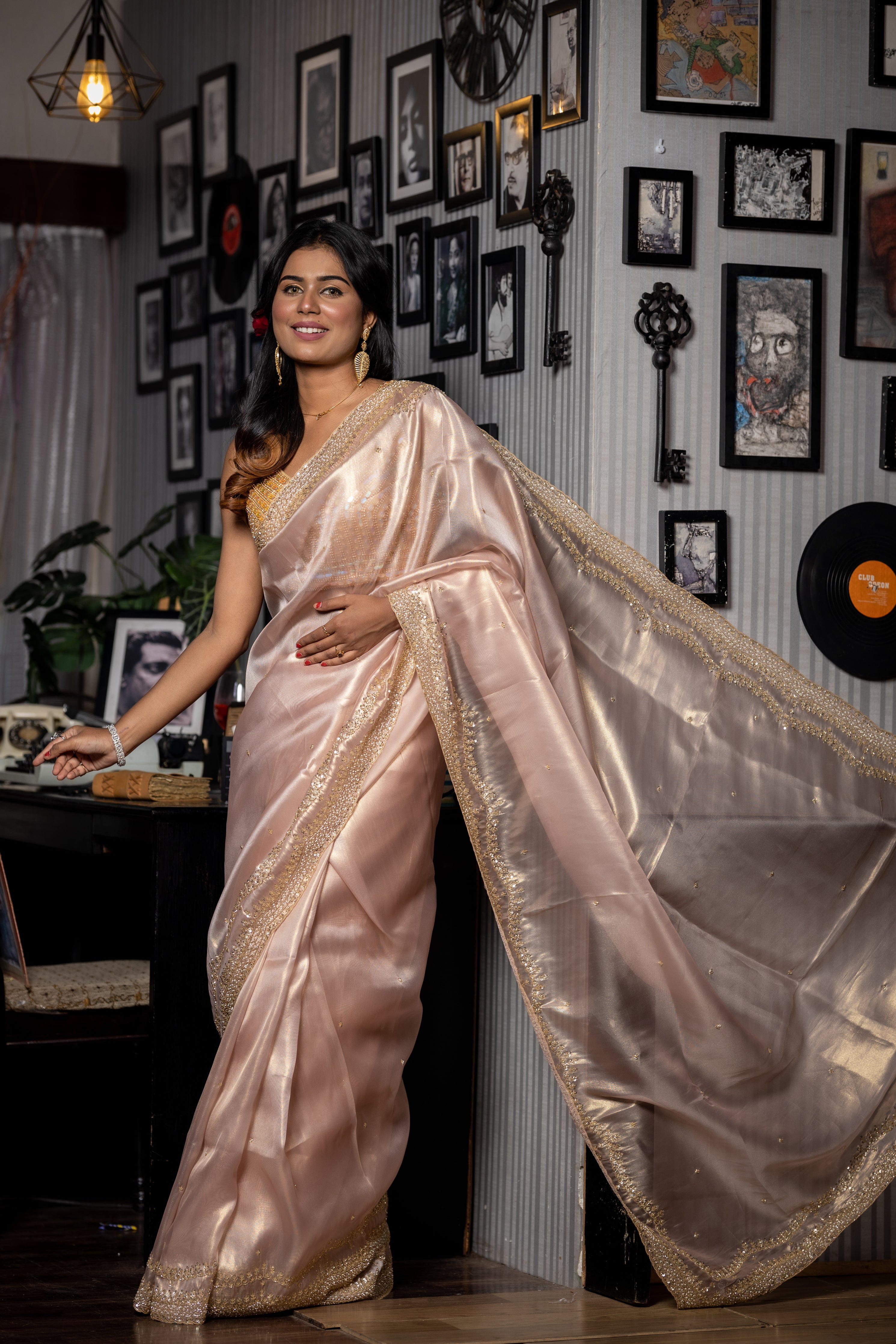 Mia || Taupe Pink & Gold dual tone Raina Tissue Fancy Saree with all over Golden Sequins & Cut-dana Handwork Buti and Border with Moti highlights
