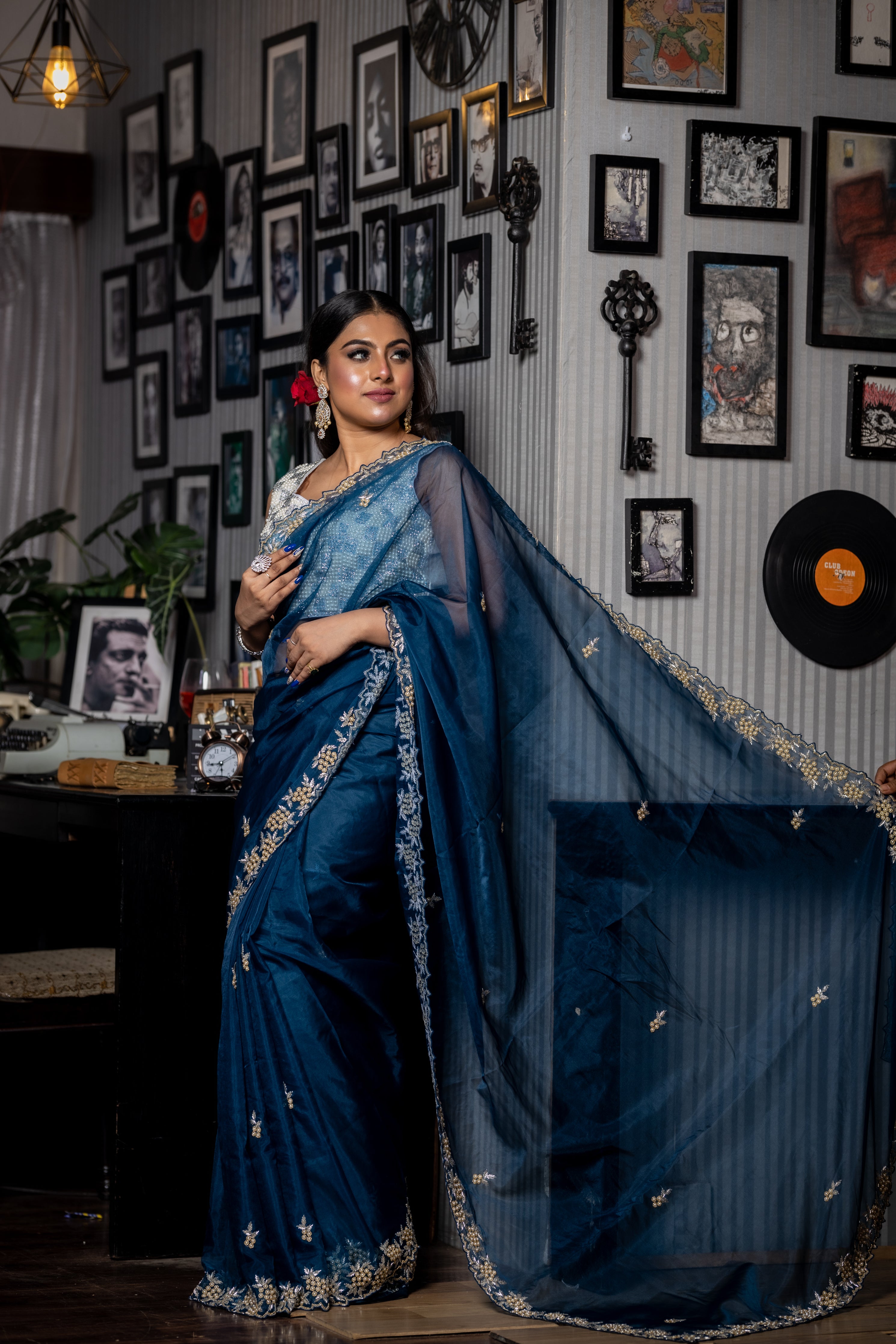 Mystic Blue || Navy Blue Soft Organza Fancy Saree with all over Moti, Silver & Gold Cut-dana Handwork Floral motif Buta and Border