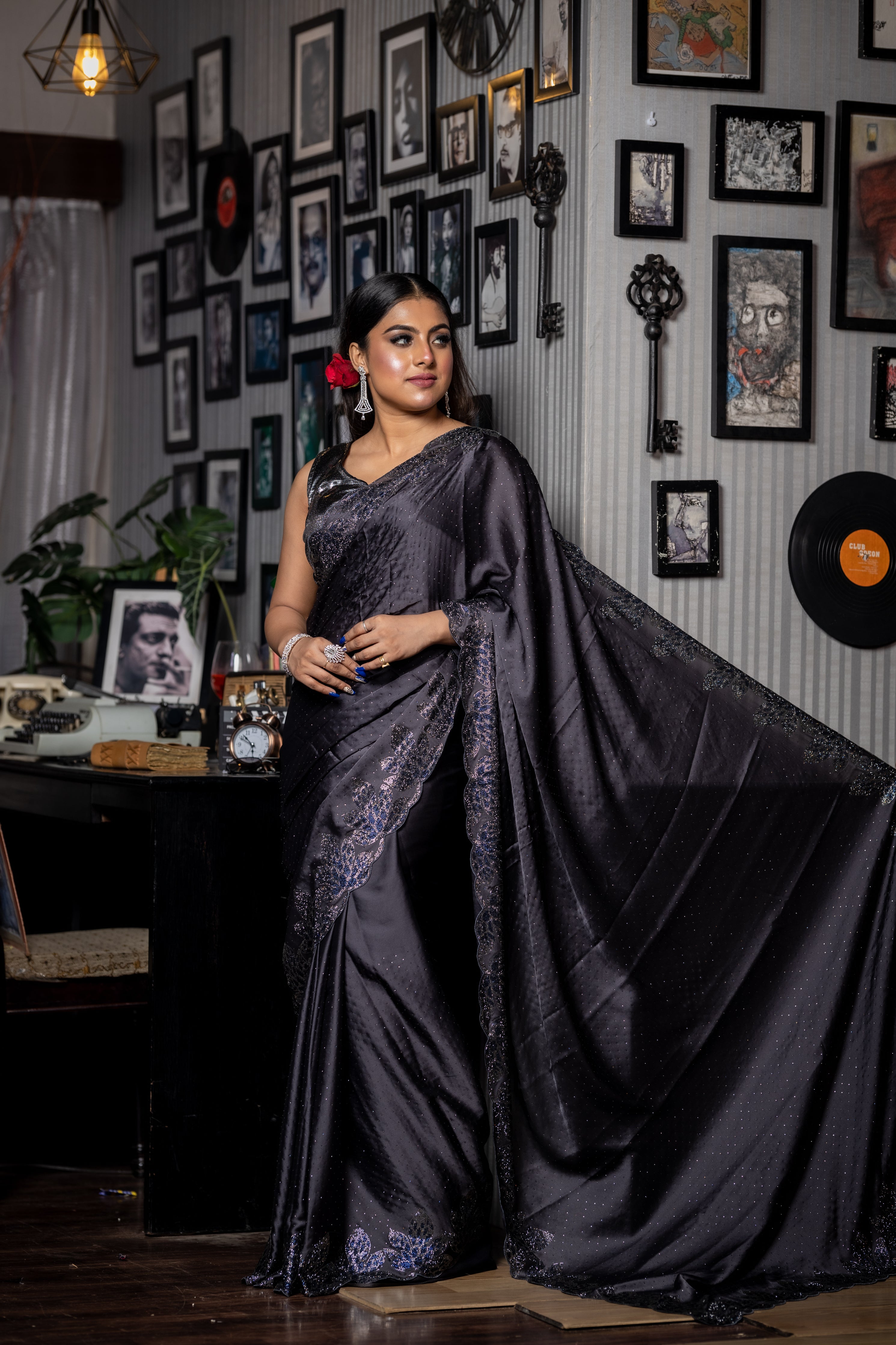 Metallic Mystery || Gunmetal Grey Satin Crepe Fancy Saree with all over Swarovski and Metallic Blue Rhinestone & Swarovski Handwork Floral motif Border