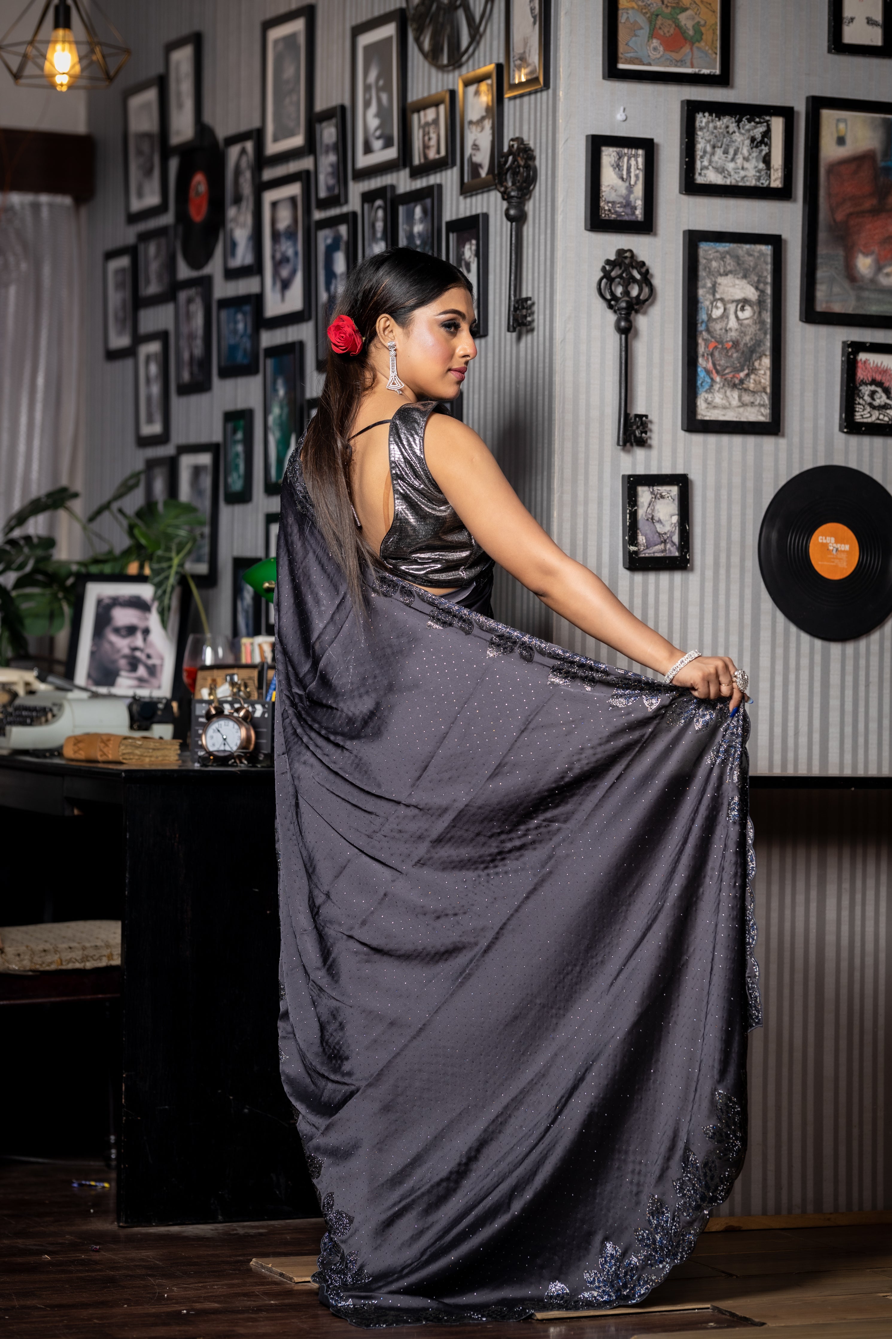 Metallic Mystery || Gunmetal Grey Satin Crepe Fancy Saree with all over Swarovski and Metallic Blue Rhinestone & Swarovski Handwork Floral motif Border
